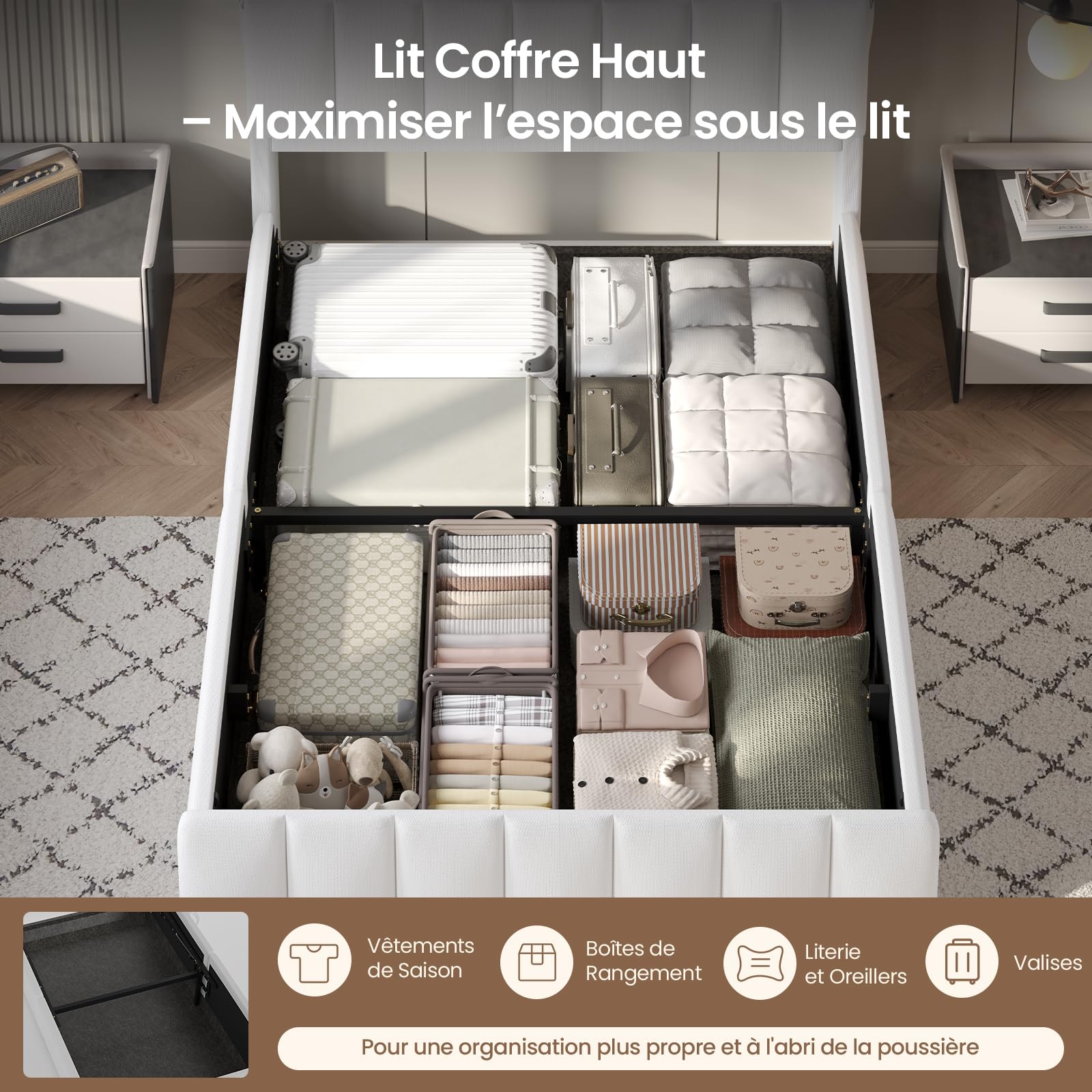 DICTAC Lit Coffre 140x190 Blanc avec Rangement – Lit Double à Levage Hydraulique, Éclairage LED, Prises USB/Type-C, Tête de lit Rembourrée avec Rangements – Sommier Inclus – pour Ado et Adulte, Blanc