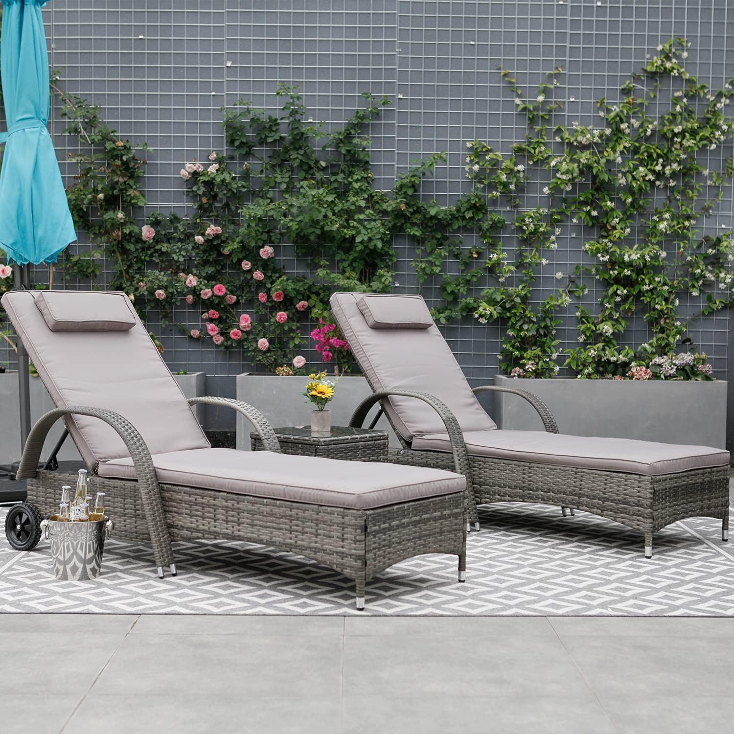 WeCooper 3 Pieces Outdoor Rattan Sunbathing Lounger Set, Patio Wicker