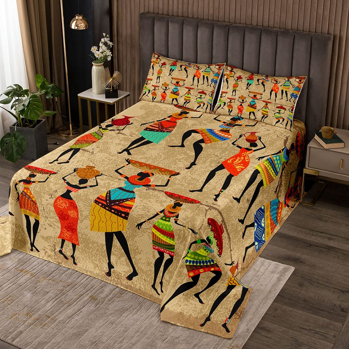 Loussiesd African Woman Quilted Bedspread Coverlet African Quilted Coverlet For Kids Teens Women Retro Ethnic Afro Decor Coverlet Set Traditional Exotic Boho Quilted Bedroom Bedding 3Pcs King — image 1