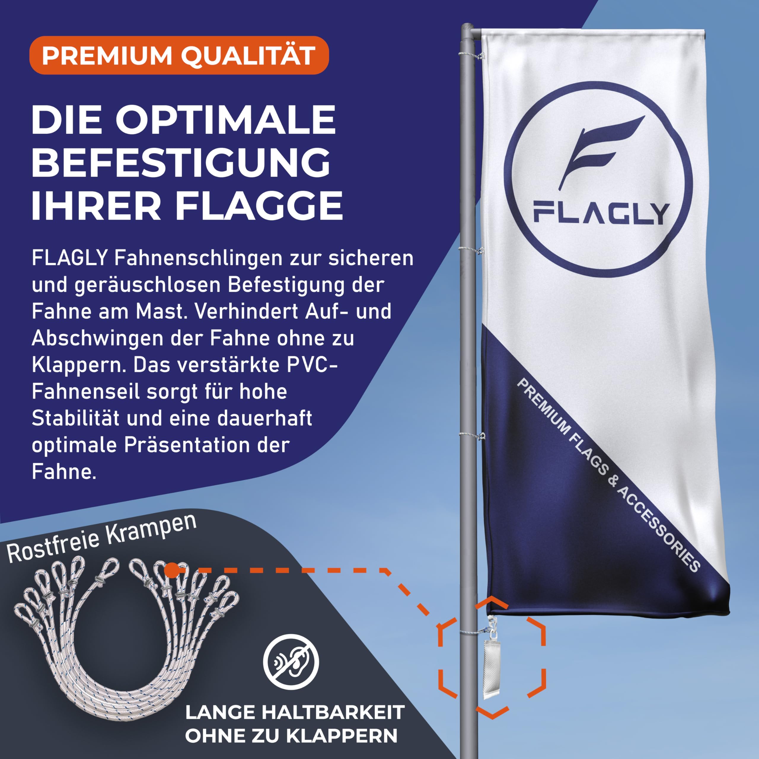 Premium Fahnen und Flaggen Befestigung Set - 1x Fahnengewicht 700 Gramm + 5X klapperfreie Fahnenschlingen, Fahnenmast Zubehör