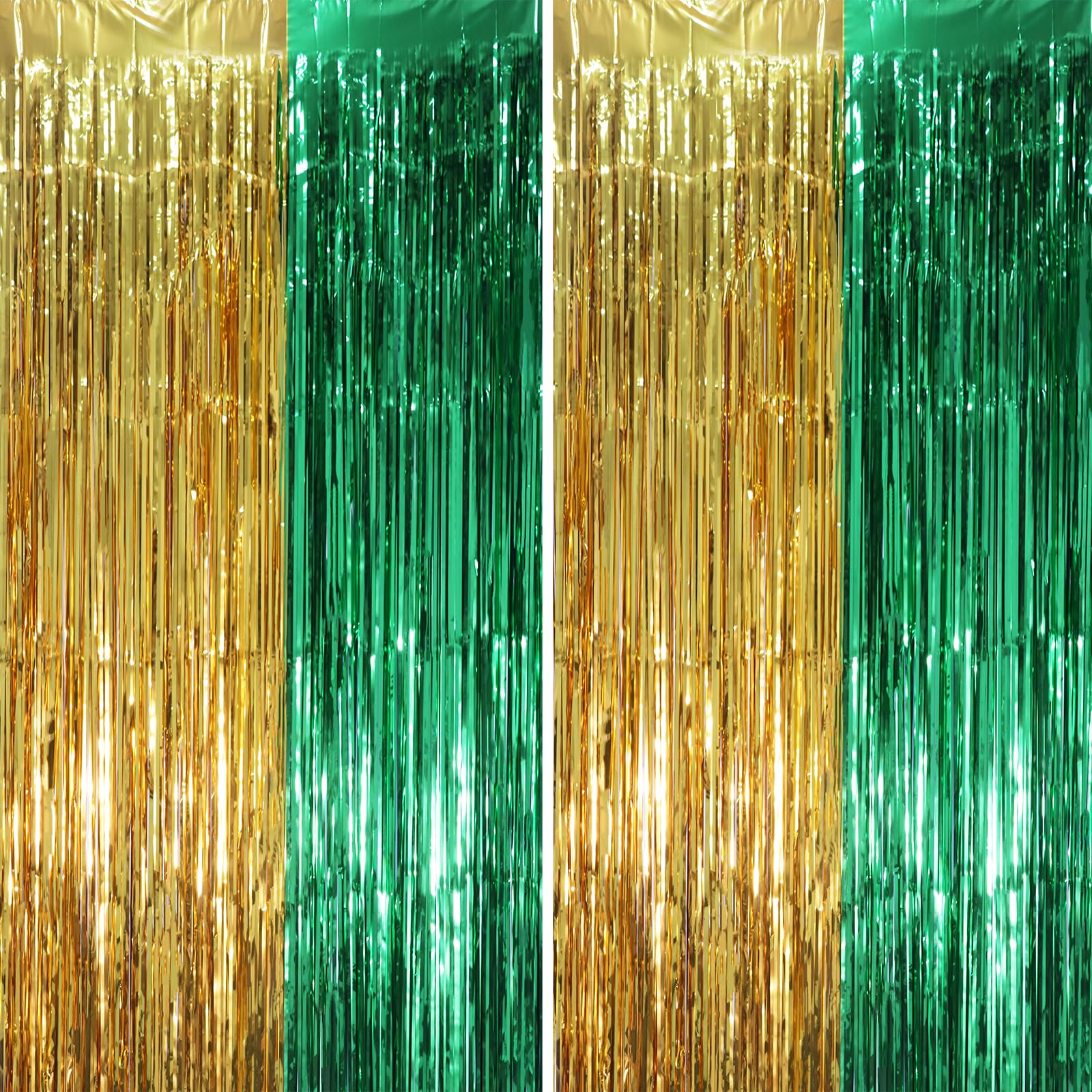 Voircoloria Green Gold Foil Fringe Backdrop Curtains,3.3x6.6ft, 2 Pack | Tinsel Streamers, Door Shimmer, For Baby Shower, Birthday Party Decorations, Graduations