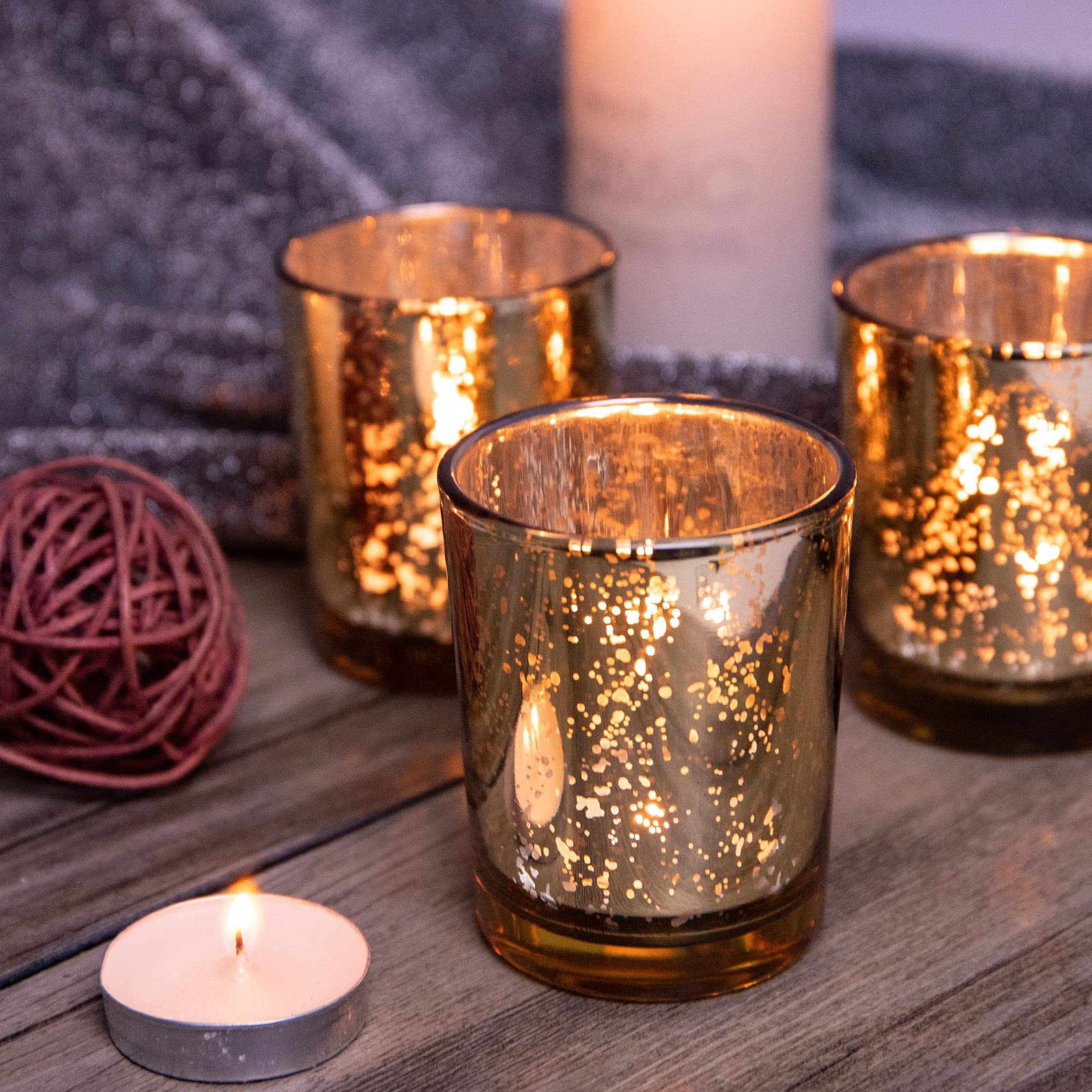 FREDOM Light Gold Tealight Candle Holder Set of 12 Mercury Glass Votive Candle Holders for Wedding Table Centerpiece Thanksgiving Christmas Party Decoration Home Decor