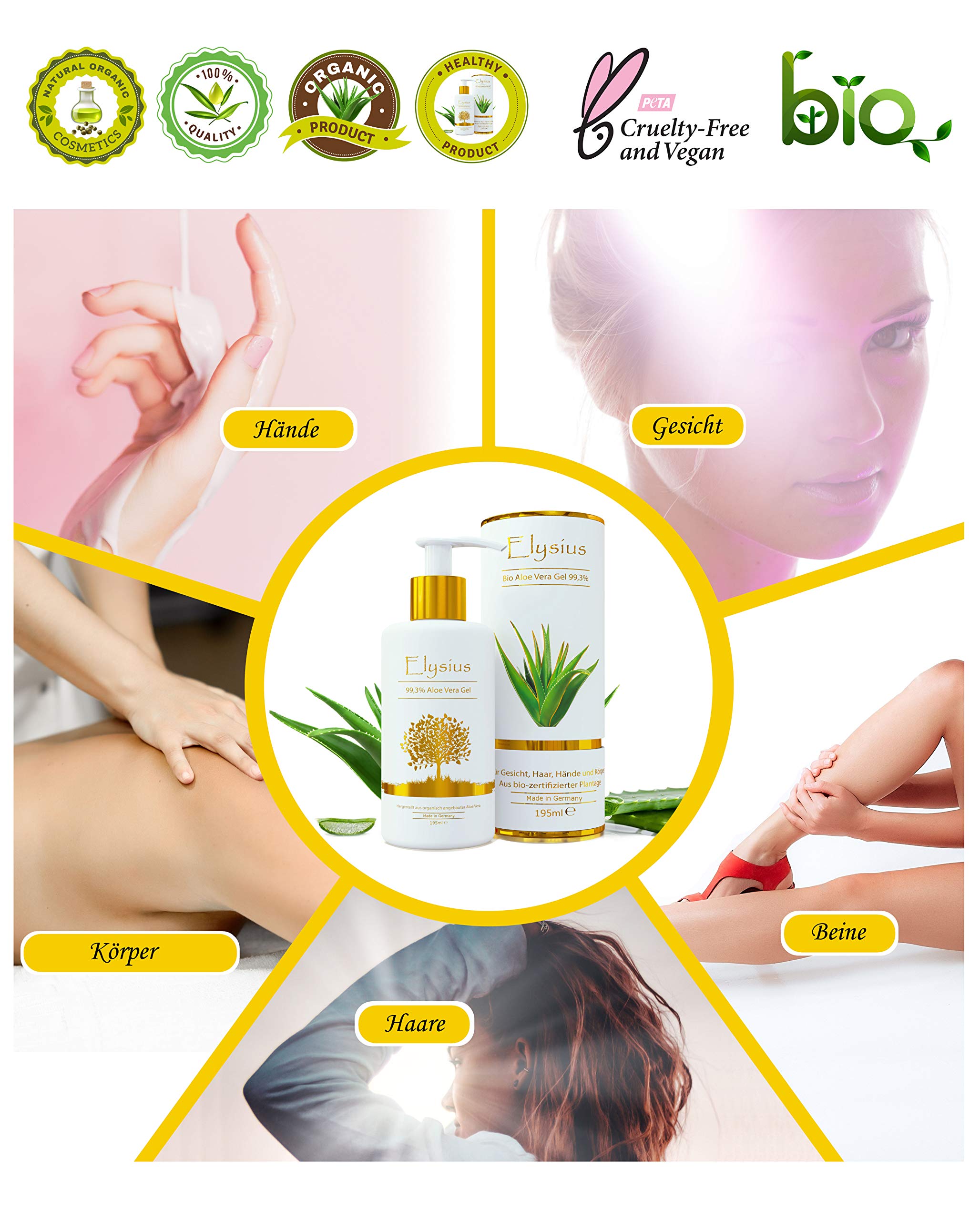 Aloe Vera Gel Bio 100% - fr Gesicht, Haare und Krper - Natrliche,  beruhigende und pflegende Feuchtigkeitscreme - Ideal fr trockene,  strapazierte Haut & Sonnenbrand - 195ml Glasflasche by Elysius : Amazon.de:  Kosmetik