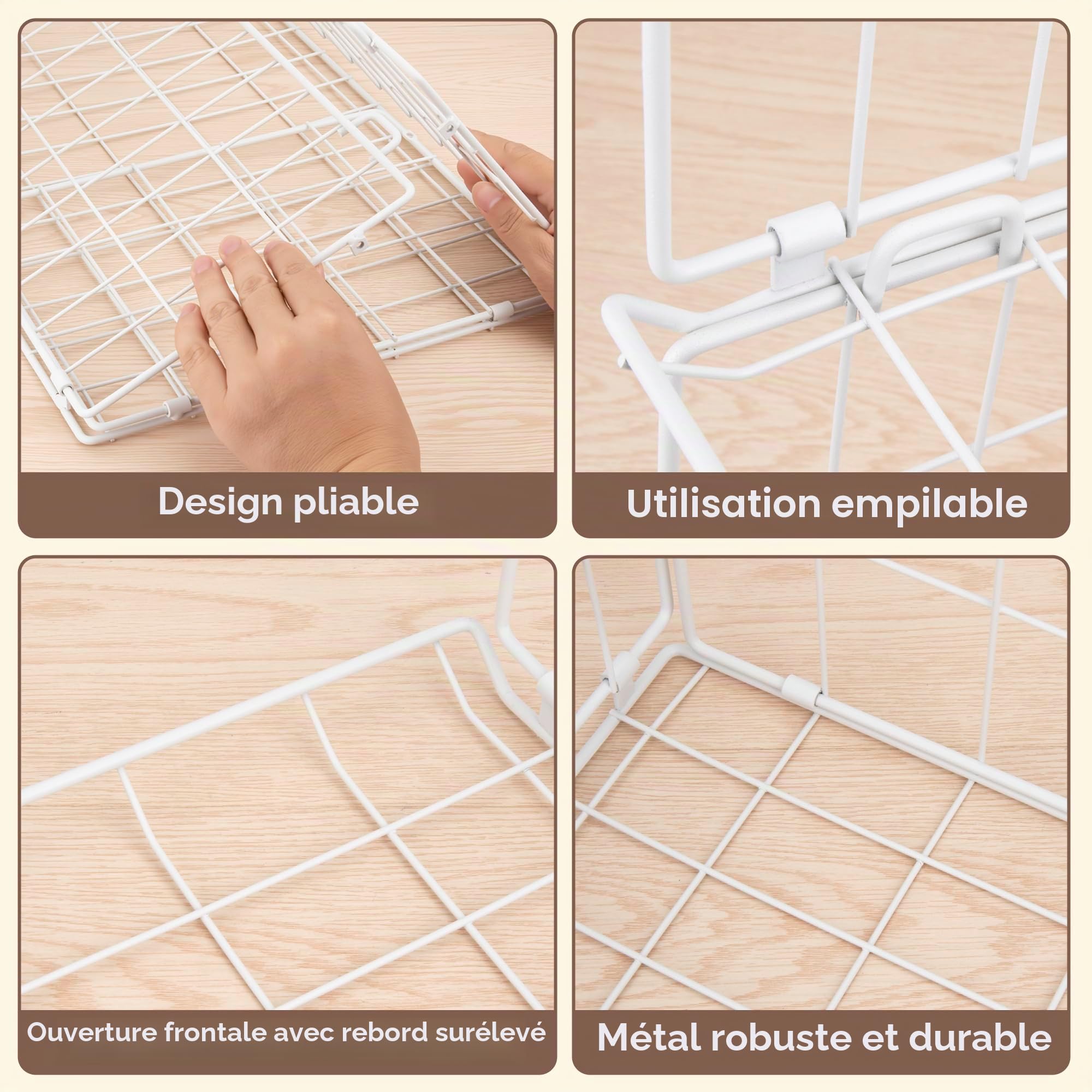 QIWODE Lot de 4 paniers de rangement empilables en fil métallique pour vêtements Blanc