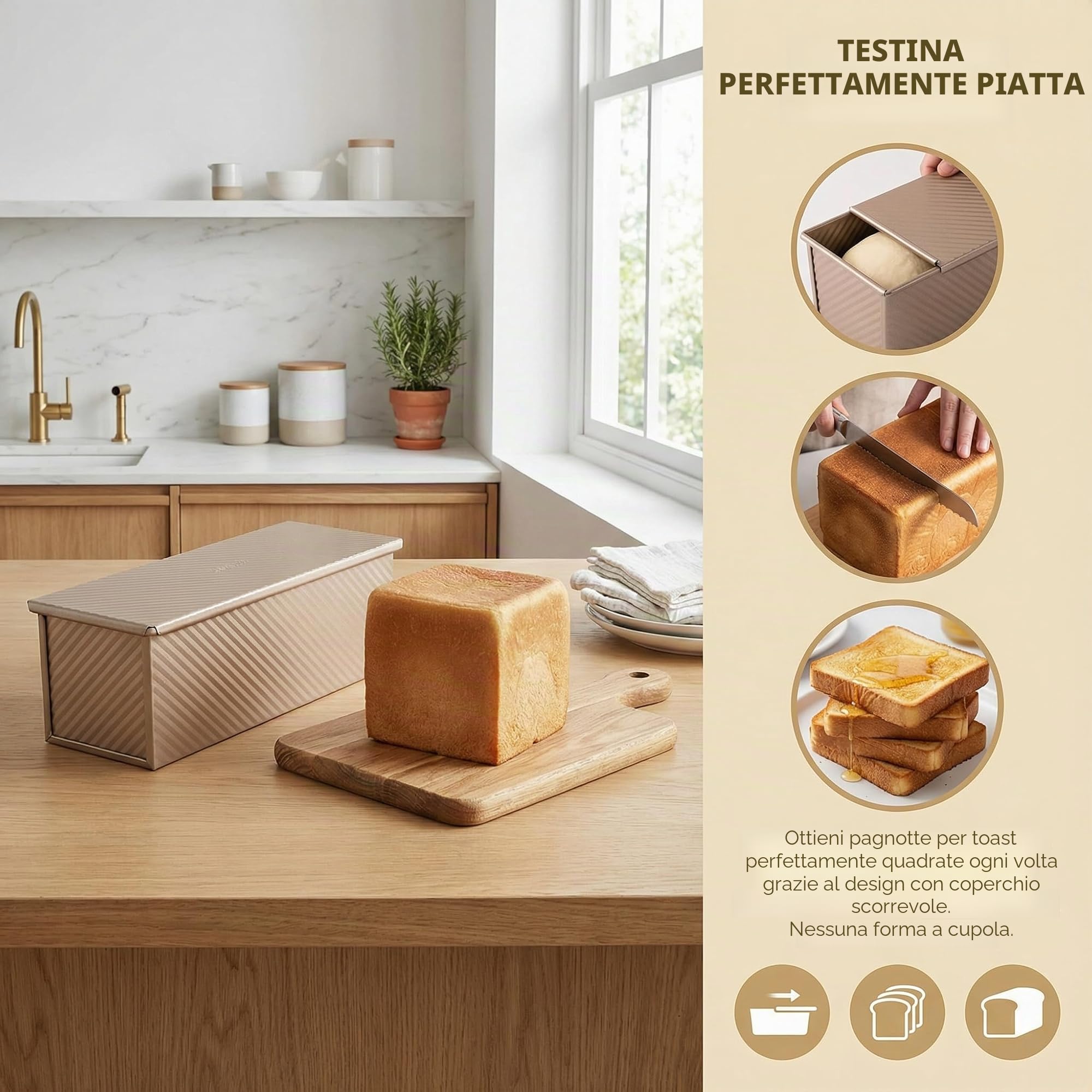Stampo per Pane Tostato con Coperchio 32x12x11,5cm Teglia Antiaderente per Pane Tostato in Acciaio al Carbonio Stampo Pane in Cassetta con Fori di Ventilazione per Pane Toast e Torte, Oro