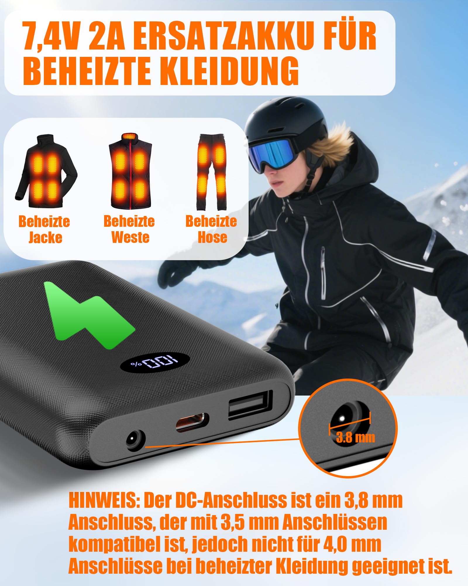 Batterie externe 7,4 V 10 000 mAh pour vêtements chauffants rechargeable 5 V 3 A
