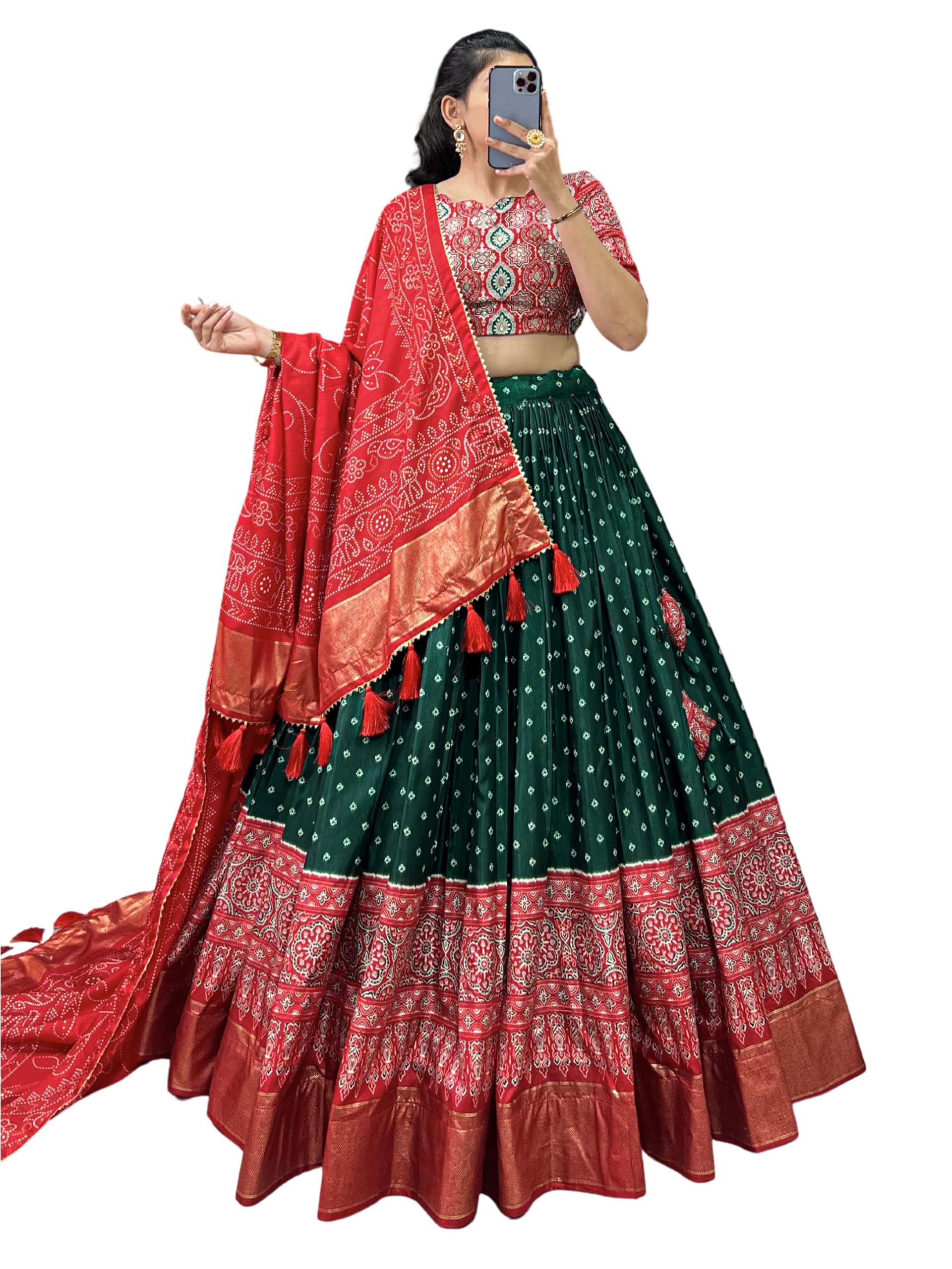 Sarathybiz Woman's perfectly Navratri Collection Tussar Silk Lehenga Choli Patola Print with Foil Work
