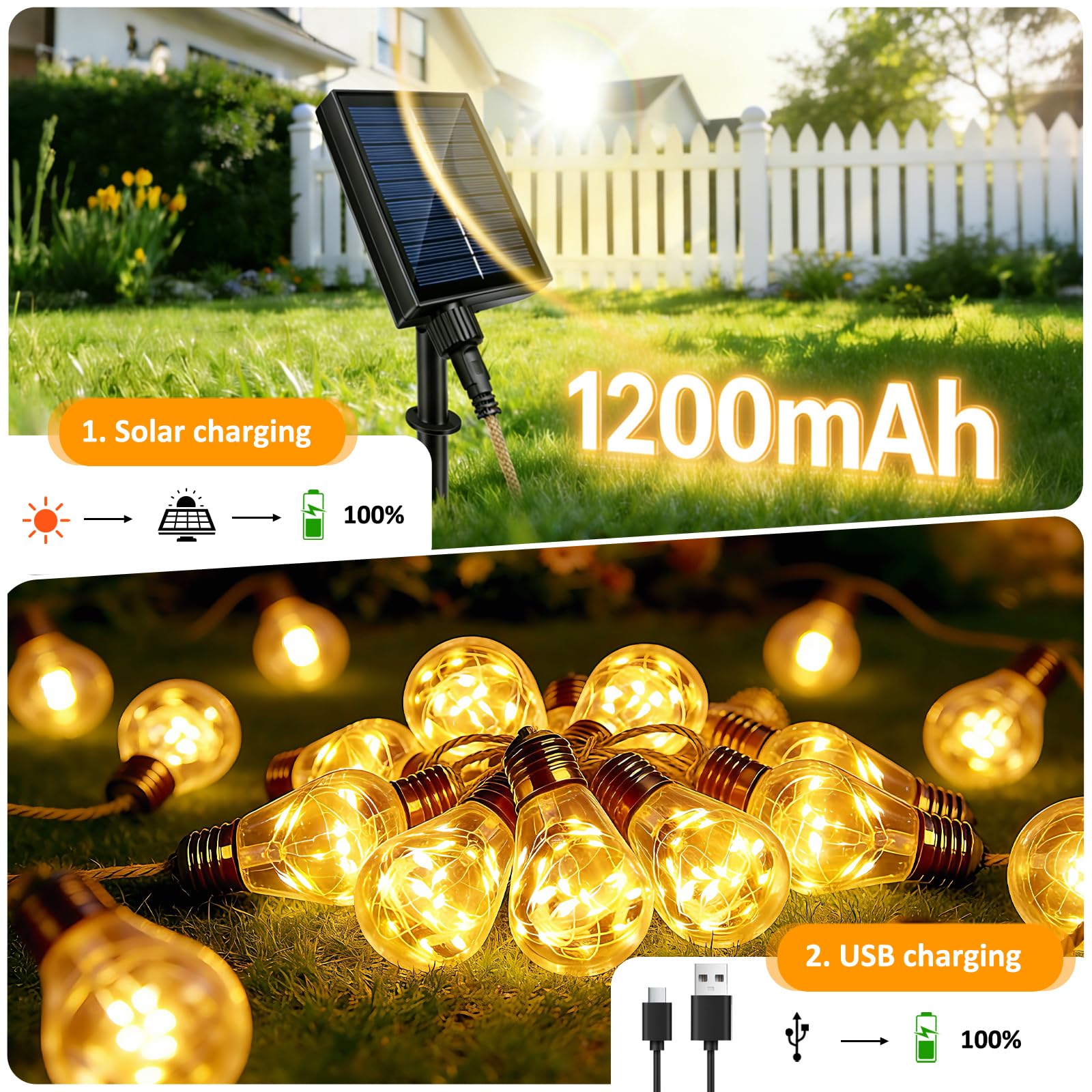 8M Guirnaldas Luces Exterior Solar con Control Remoto, con 16 LED Bombillas, Blanco Cálido, 8 Modos/Impermeables/Regulable/Sincronización, Cadena de Luce para Jardines Terraza, Fiestas, Bodas