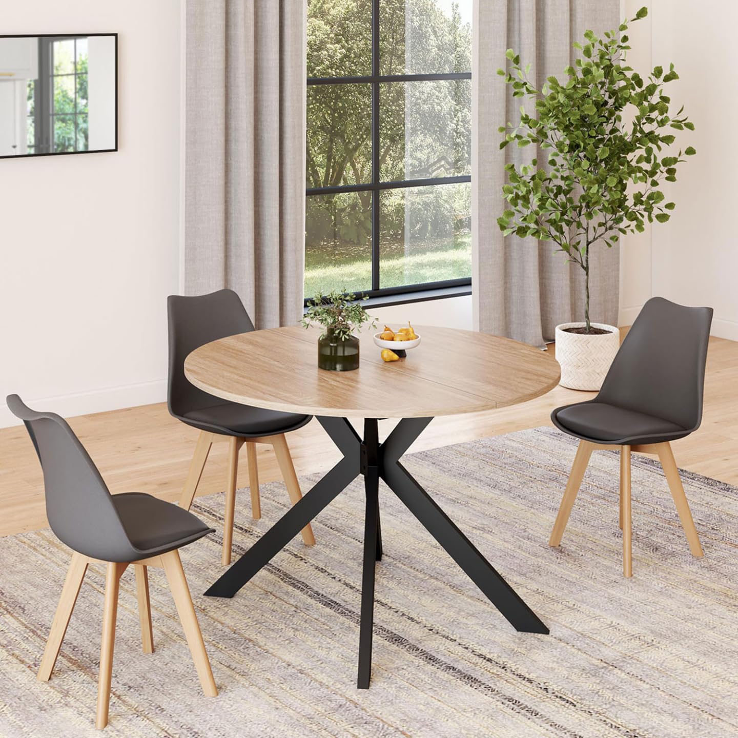 IDMarket - Mesa de comedor extensible redonda Alix 4-10 plazas con patas de araña de madera y negro 110-200 cm