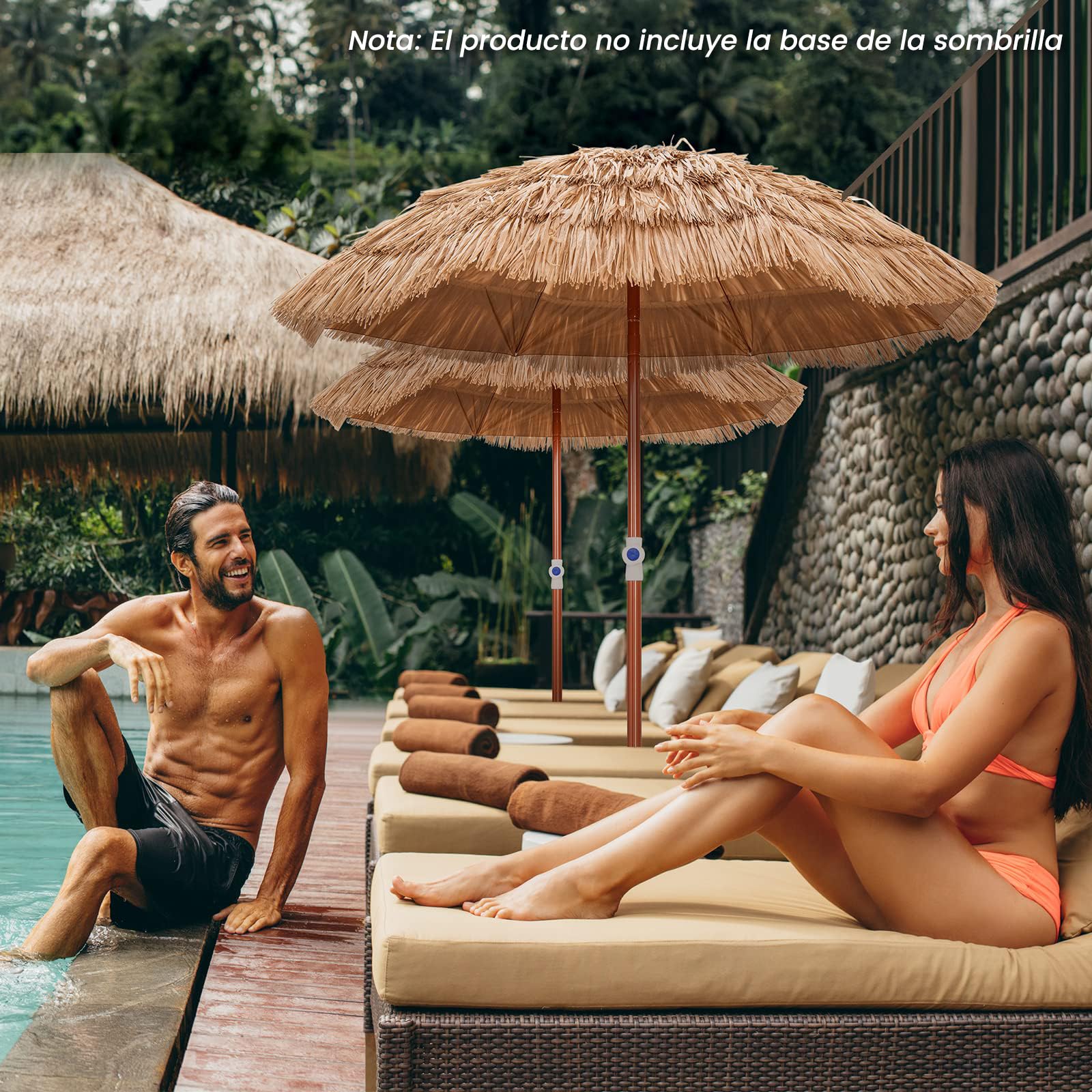 RELAX4LIFE Sombrilla Playa Ø175cm de Paja de PP con Inclinación y Altura Regulable 140-190cm, Sombrilla Tropical Hawaiana con 8 Varillas, Barra Desmontable y Bolsa de Transporte, Sin Base, Natural