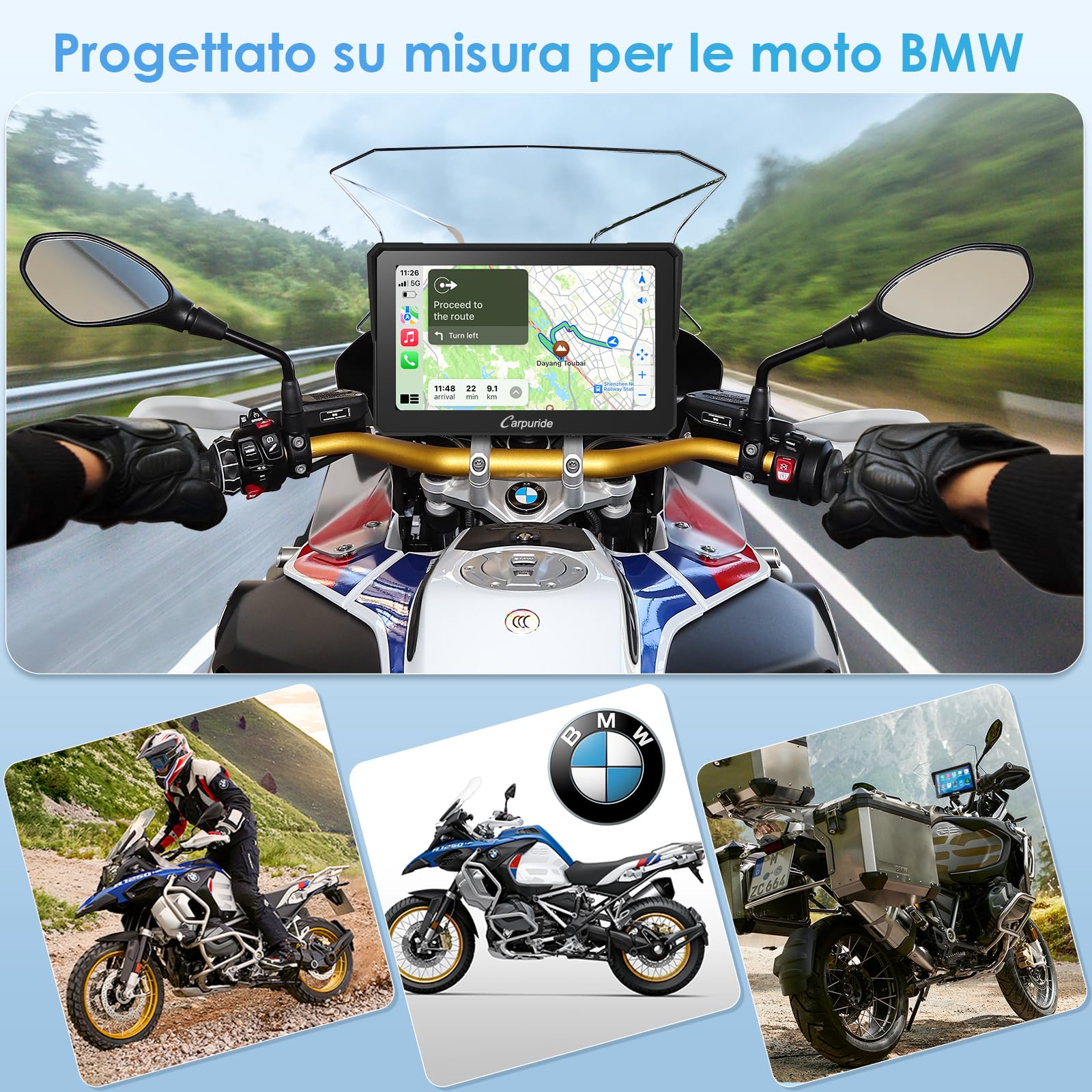 Carpuride W702B Motocyklowy ekran Carplay z niestandardowym mocowaniem do BMW Motorbike, Wireless CarPlay i Android Auto, przenośny 7-calowy wodoodporny ekran dotykowy, podwójny Bluetooth, nawigacja,