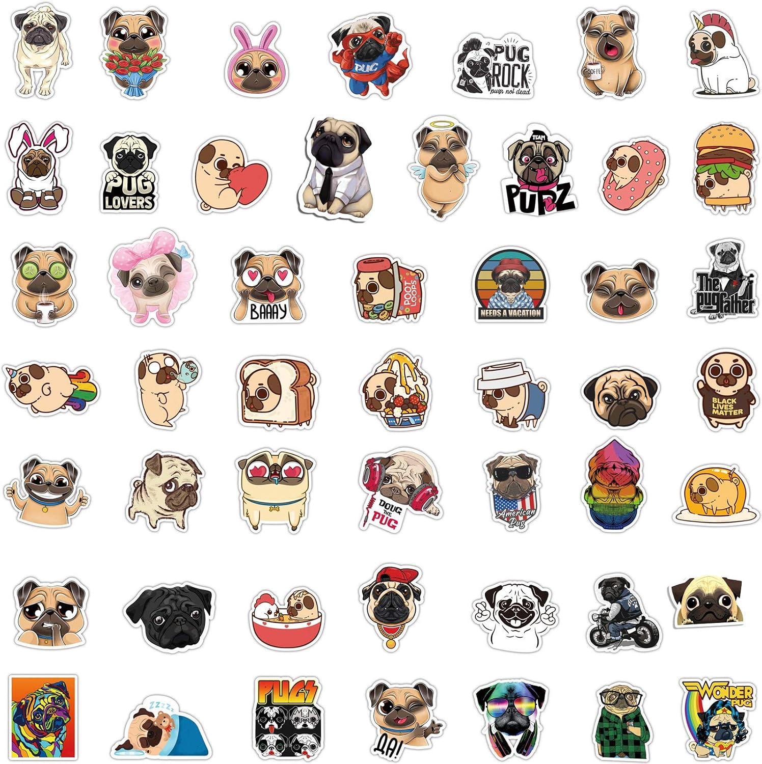 Cute Pug Stickers, 50 Pcs Kawaii Dog Stickers Pack, Waterproof Funny Pet Puppy Vinyl Sticker Decals image 3