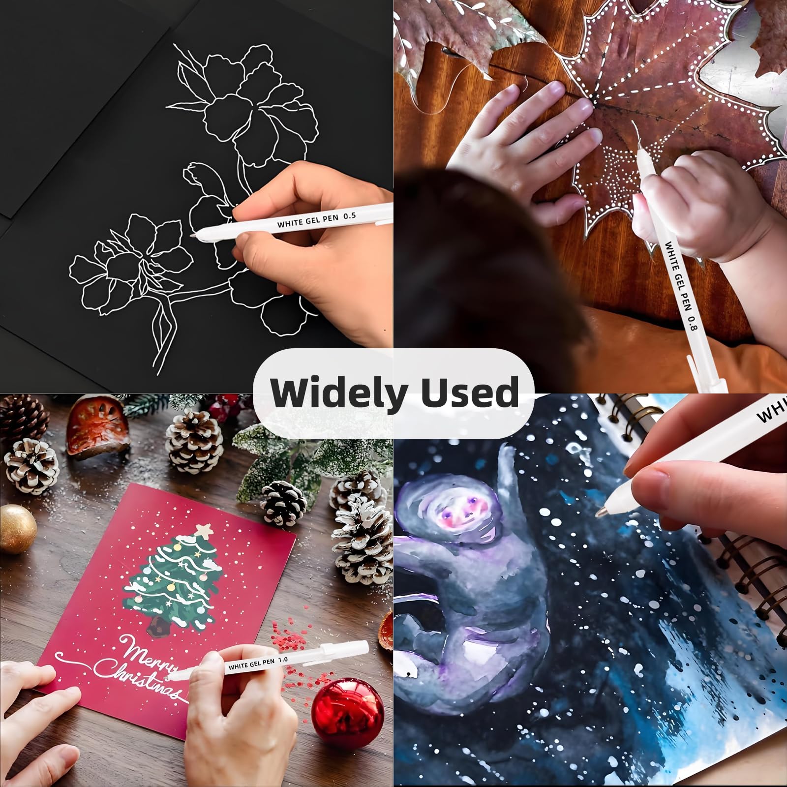 White Gel Pens 3 Tip Sizes Pack Fine 0 5mm Medium 0 8mm Bold 1 0mm White Ink — view 6