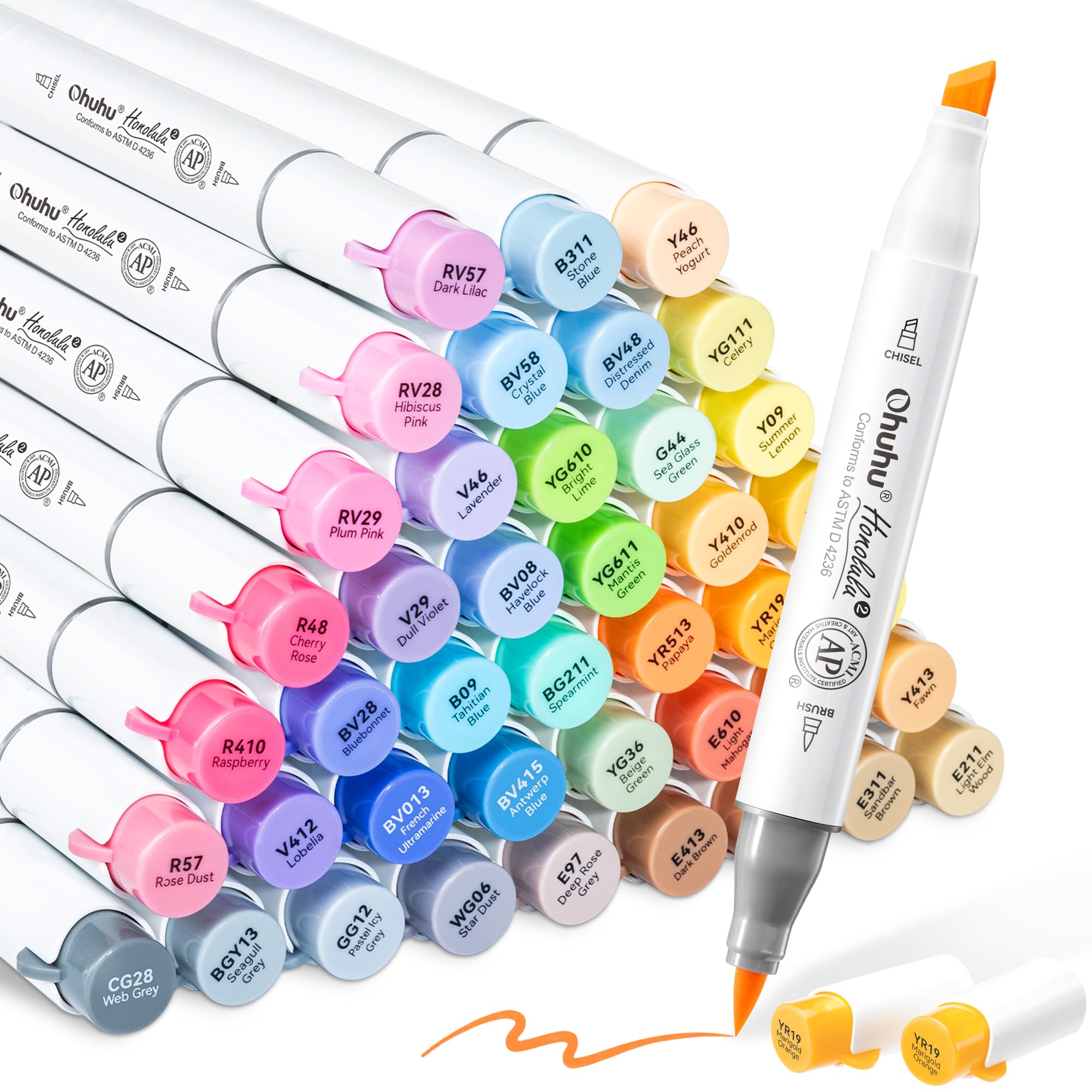 Ohuhu Alcohol Markers Brush& Chisel 48 Mid-tone Colours for Adults Coloring | AP Certified Refillable Art Marker, Dual Tips Alcohol-based for Artists Beginners Drawing Illustration Sketching, Honolulu 2
