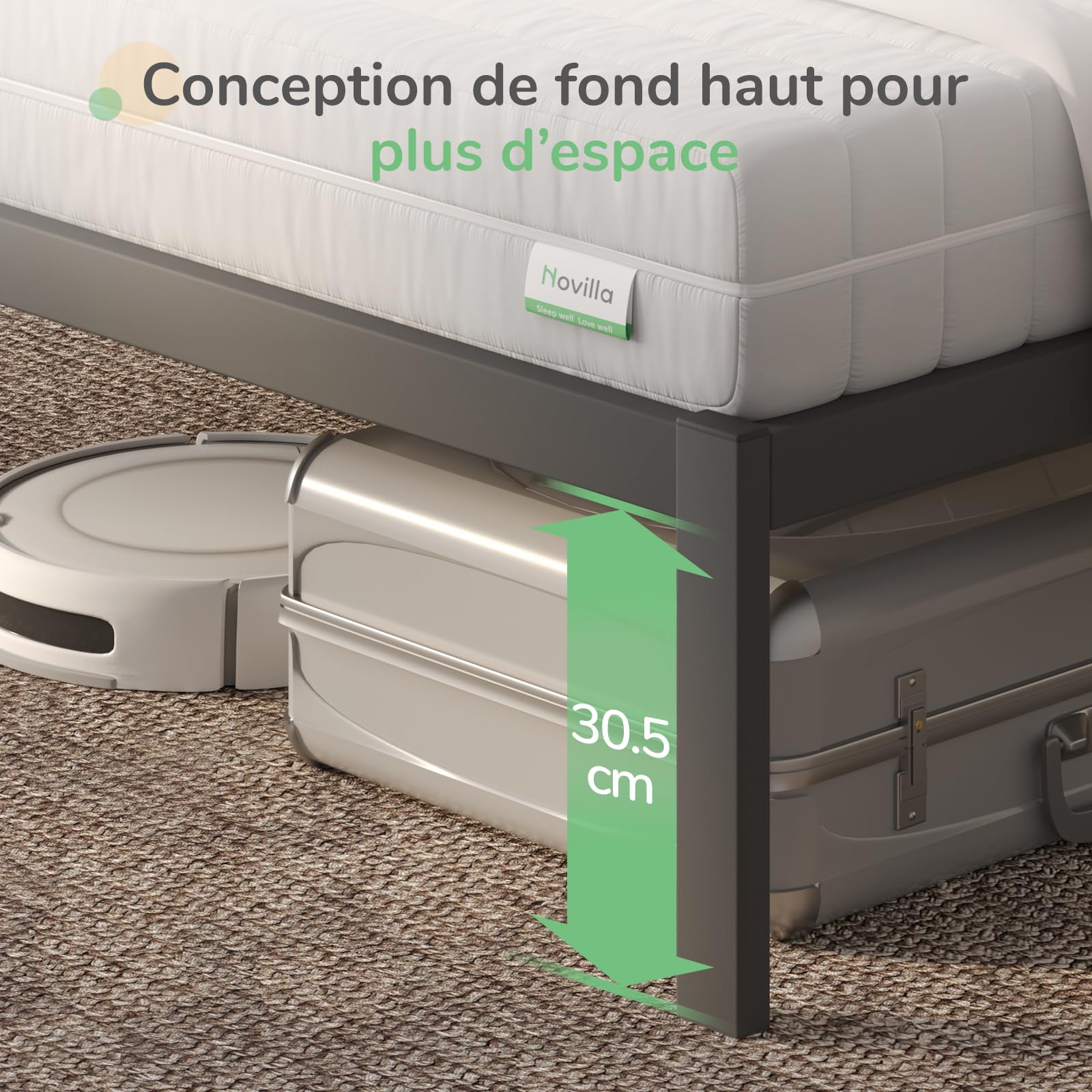 Novilla Cadre de lit Plateforme en métal pour Matelas de 140 x 190 cm, Hauteur de Rangement sous Le lit 30.5cm, Support à Lattes en Bois, Pas Besoin de sommier, Assemblage Facile, Noir