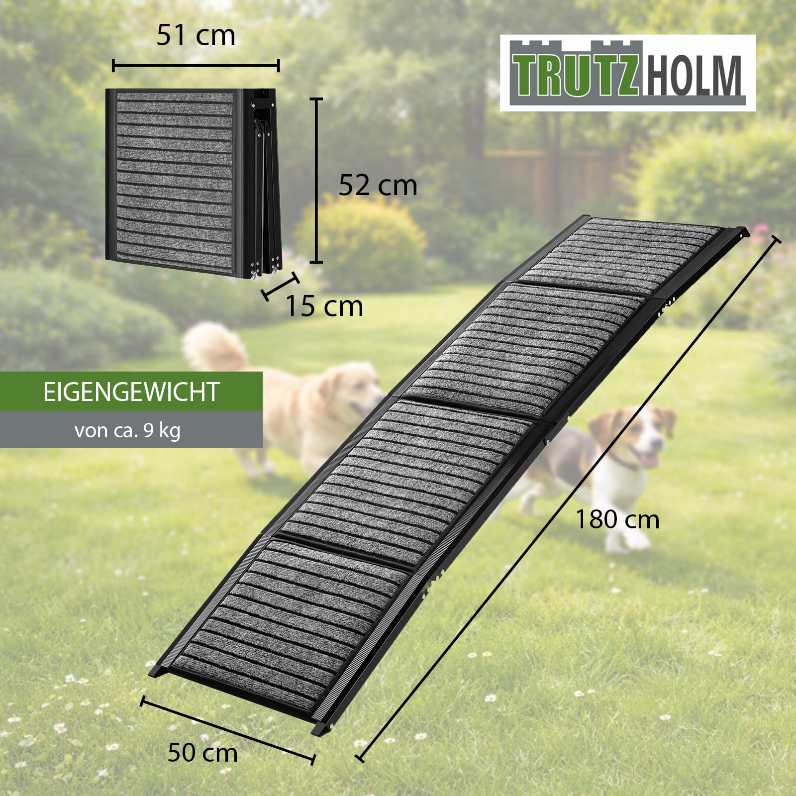 TRUTZHOLM Hunderampe klappbar 180 cm, Autorampe für Hunde, bis 130 kg Tragkraft, 4-Fach klappbar, Aluminium, rutschfeste Teppichoberfläche, Sicherheitsgurt, Einstiegshilfe für Auto, SUV, Sofa, Bett