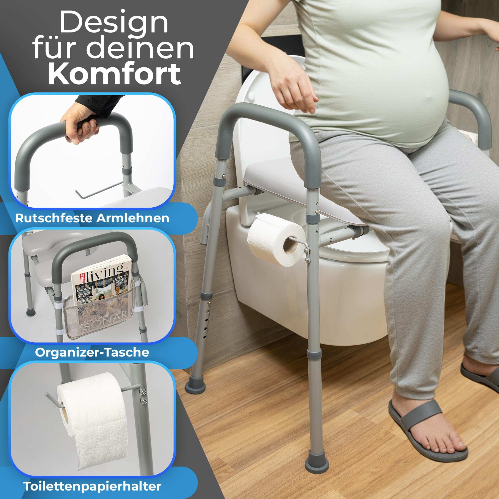 Toilettensitzerhöhung mit Armlehnen, WC Sitzerhöhung für Senioren, Senioren Toilettensitzerhöher mit Höhenverstellbaren, Erhöhter Toilettensitz, toilettenerhöhung, Wc sitzerhöhung