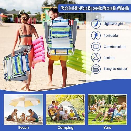 Miniatura 7 de Tangkula Juego de 2 sillas de playa tipo mochila, sillas de playa planas de 5 posiciones con bolsa refrigeradora, 2 portavasos, toallero, silla de
