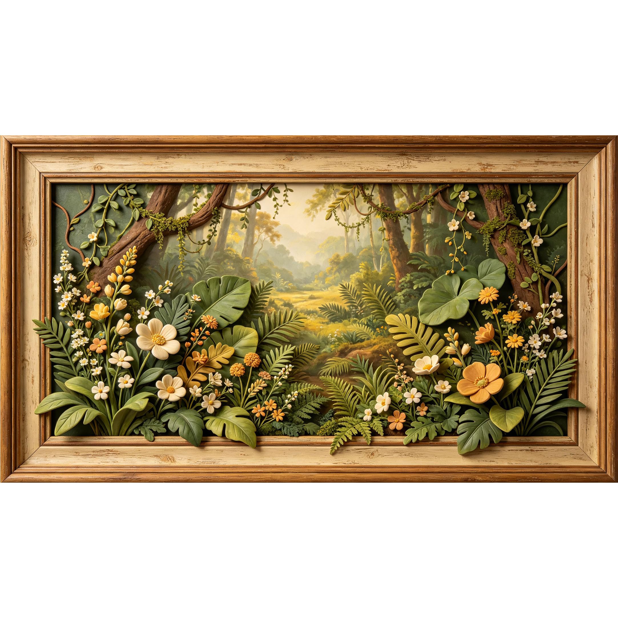 QZLITHOTIC 50×90cm3D Framed Wall Art， Tropical Jungle Forest Floral SelfAdhesive Mural， WaterActivated Peel & Stick Fabric Decor Wall Decal for Bedroom Living Room