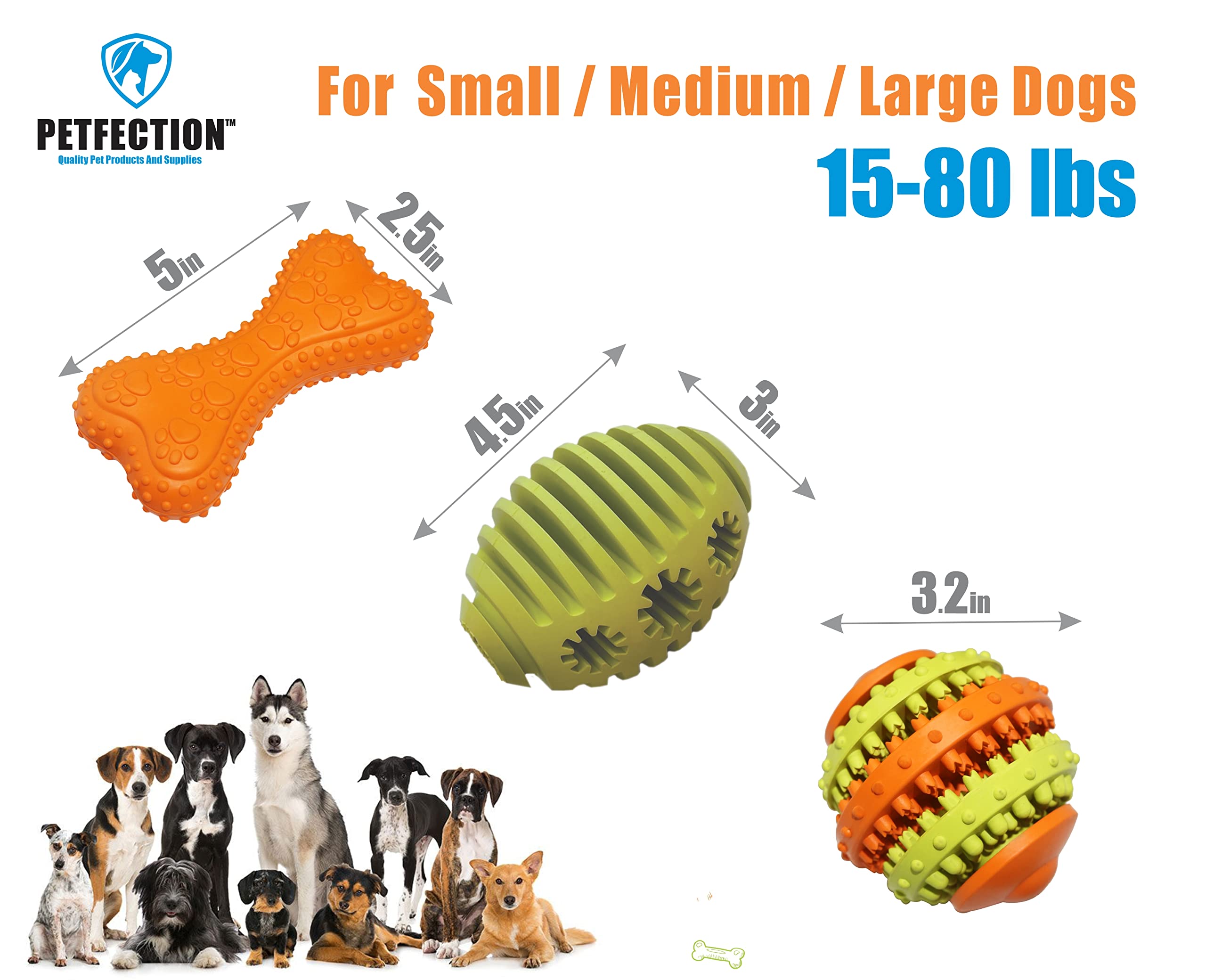 PETFECTION Kauspielzeug für Hunde, 3 Stück, Hundespielzeug für aggressive Kauer, große Rassen, multifunktionale Zahnreinigung und Zahnfleischmassage, Robustes Hundespielzeug aus 100% Naturkautschuk