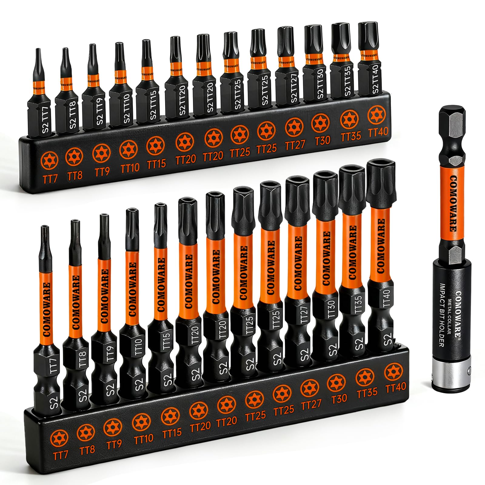 COMOWARE 27pcs Impact Torx Bit Set (TT7-TT40), S2 Steel 1/4" Allen Bit, CNC Security Torx Set, 1&amp;2" Screwdriver Set, Tamper-Proof Star Screwdriver Set with Magnetic Bit Holder and Storage Box