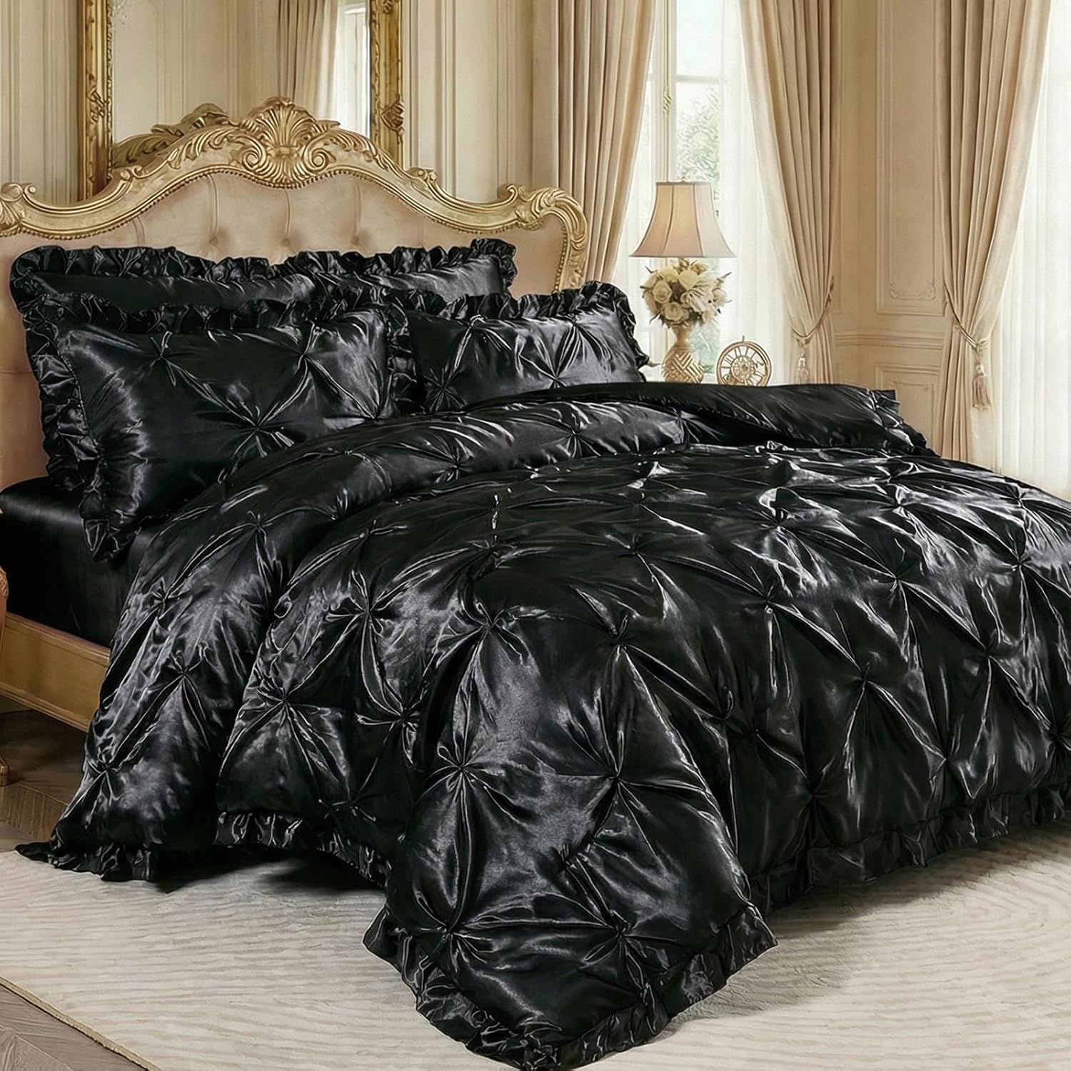 Bedbay Black Satin Comforter Set Queen Size Satin Bedding Pinch Pleat Ruffled Duvet Set 4 Pcs with Black Ruffle Silky Body Pillow Cover Aesthetic Room Decor Luxury Satin Bedding Set for All Season