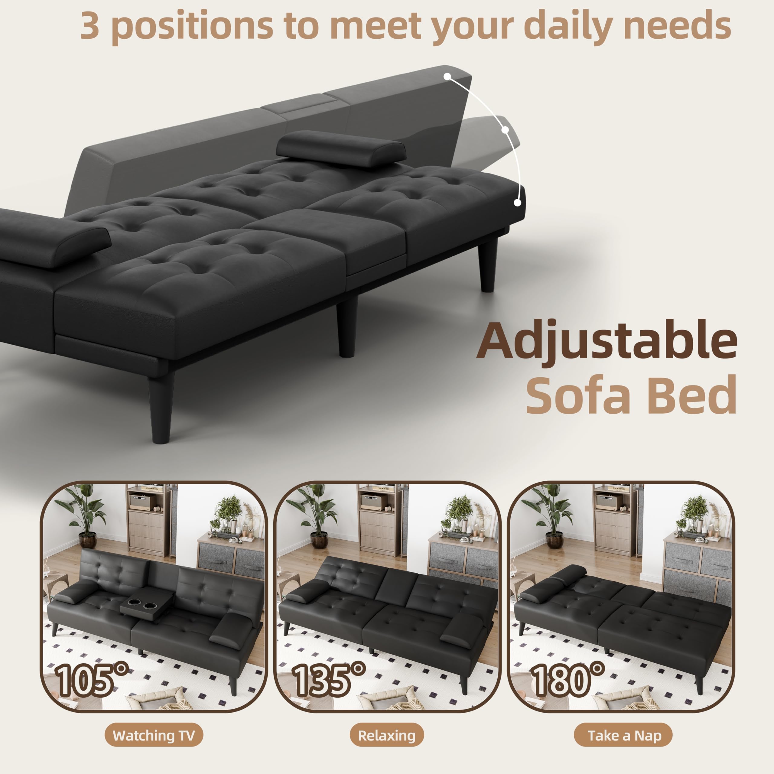 Futon Sofa Bed, 64" Small Futon Couch with Adjustable Backrest, 3-Angle Recliner, Detachable Armrests with Cup Holders for Small Spaces, Living Room, Office, Apartment, (Black Leather)