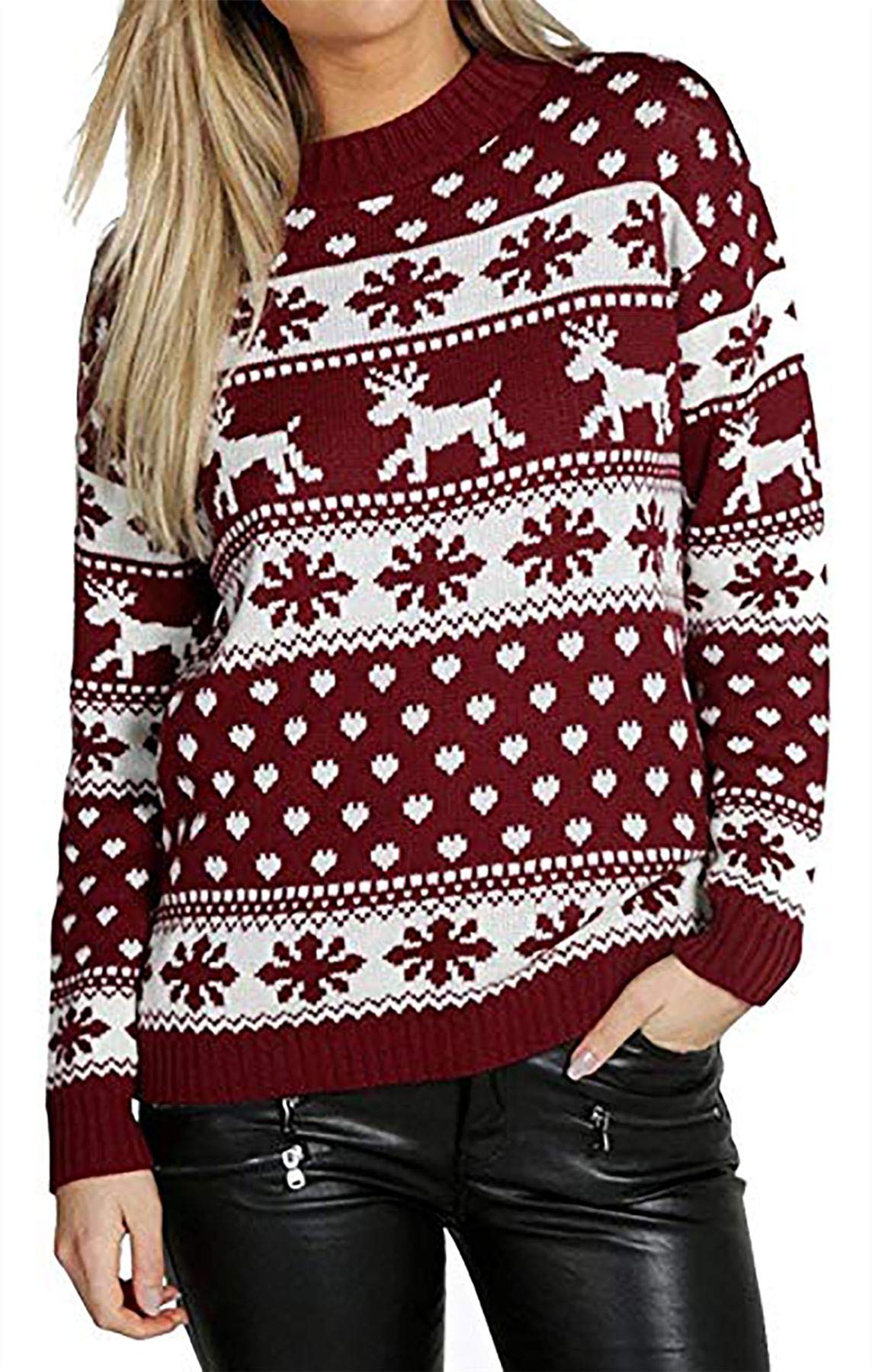 Mymixtrendz Women's Wine. Xmas Reindeer Snowflake Long Sleeves Christmas Jumper Sweater Top