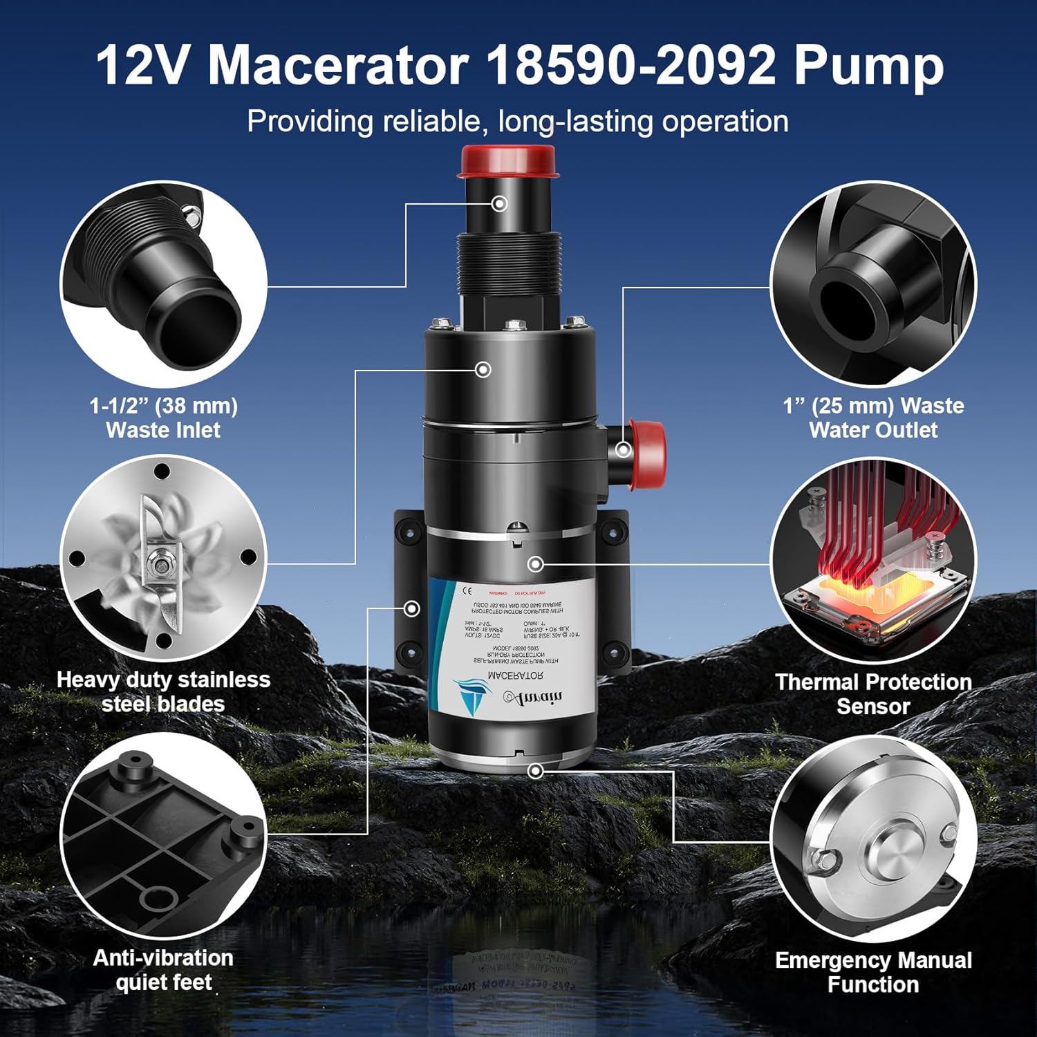Upgraded 12V Macerator Pump for Jabsco 18590-2092, Open Flow | Self-Priming | Anti-Clog | Run-Dry, 12 GPM Macerator Pump with Thermal Protection and Waste Evacuation, for RV, Yacht, Marine, Toilet