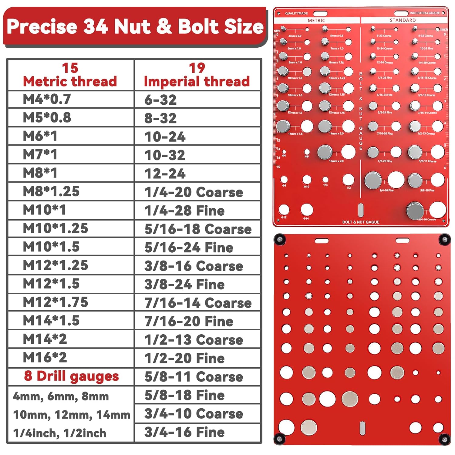 42 Nut and Bolt Thread Checker, Bolt Size and Thread Gauge, Screw Identifier Gauge with 19 Standard & 15 Metric Bolt & 8 Drill Bit Gauge, Gift for Mechanic Dad Son