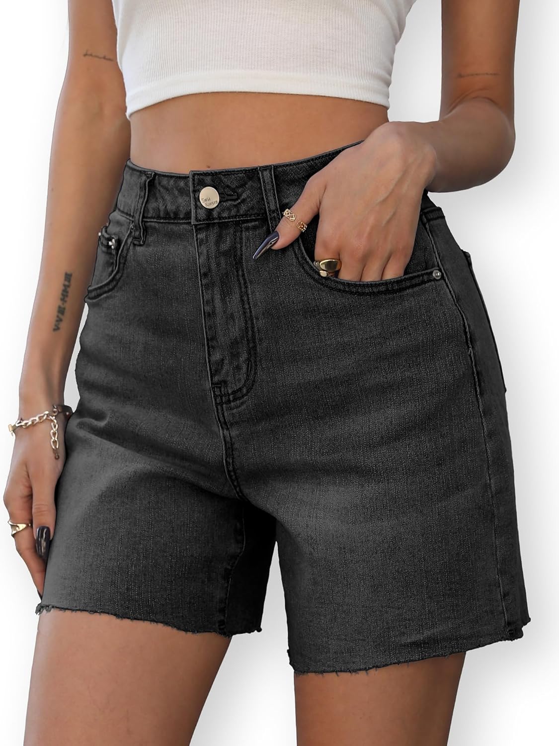ELLEVEN Women's Raw Hem Jean Shorts, Wide Straight Leg Mom Denim Shorts - Image 4