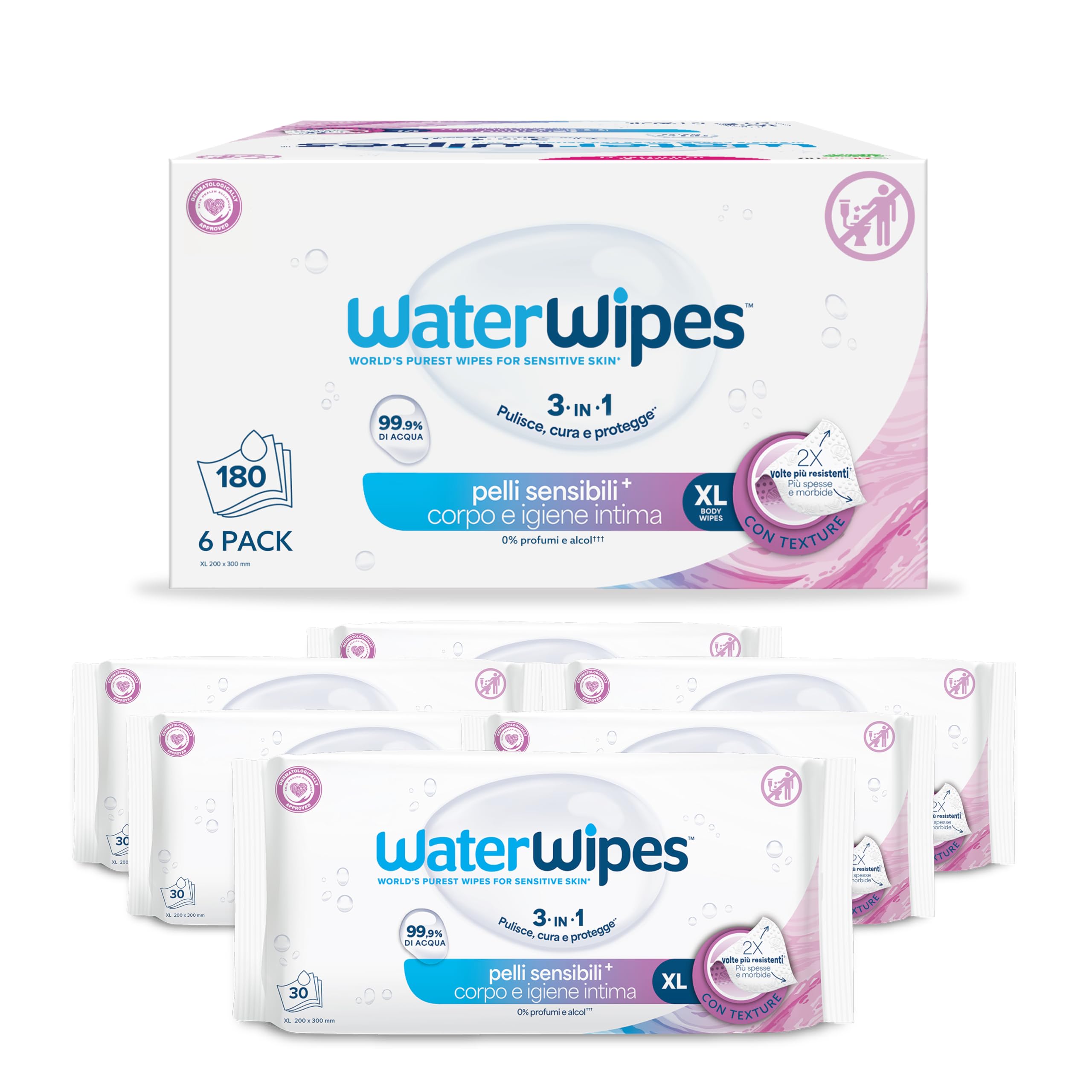 WaterWipes Sensitive+ Body & Intimate XL Wipes, 99,9% Acqua, senza profumo | 6 confezioni, salvietta corpo e zona intima, senza profumo, incontinenza, 0% profumo e alcol, texture XL, 180 pezzi