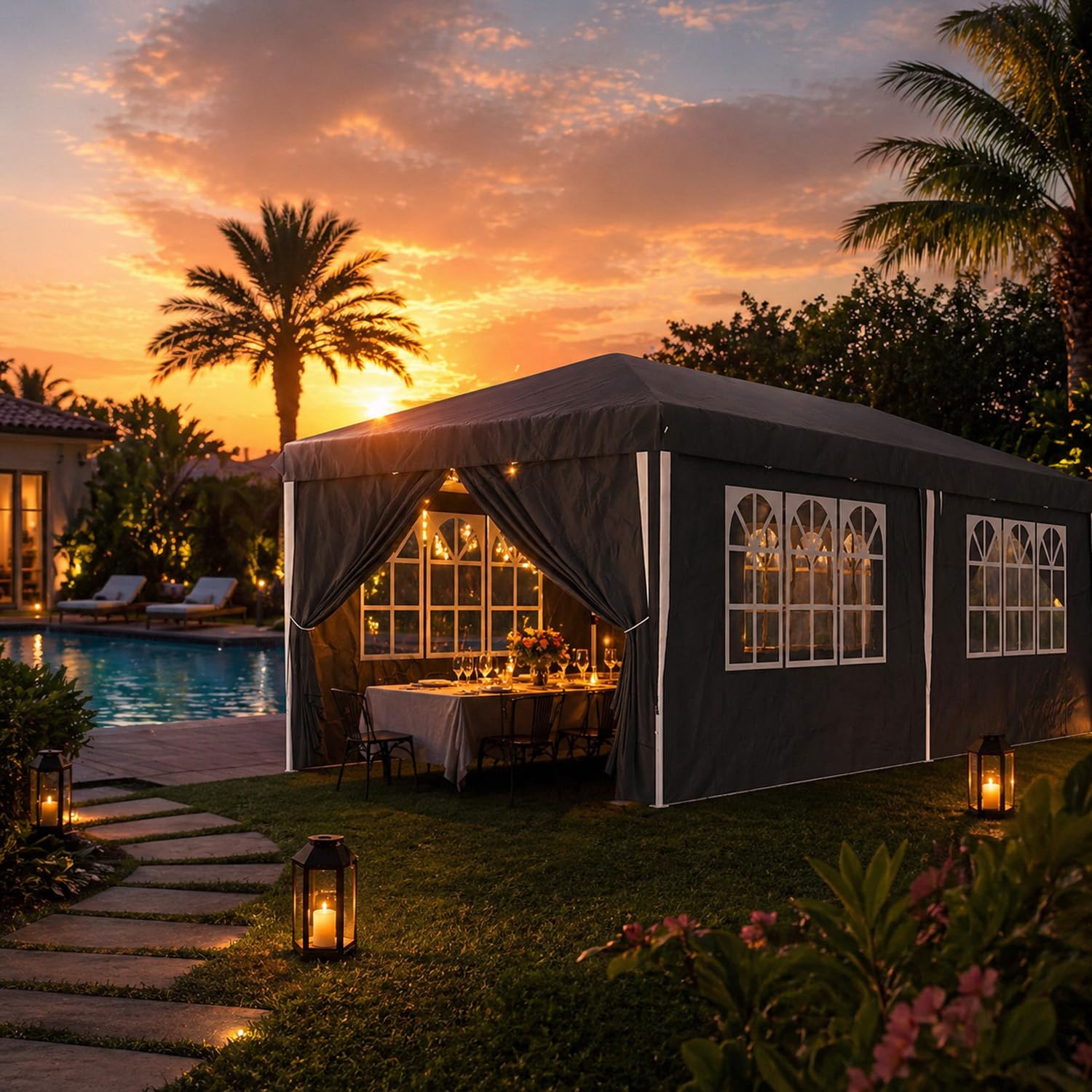 Gazebo Con Pareti Laterali Finestre E Porte Removibili Pieghevole Impermeabile Altezza Regolabile Struttura Pop Up Resistente In Metallo Pergolato Per Giardino Eventi Feste E Catering 3x6 Metri Nero