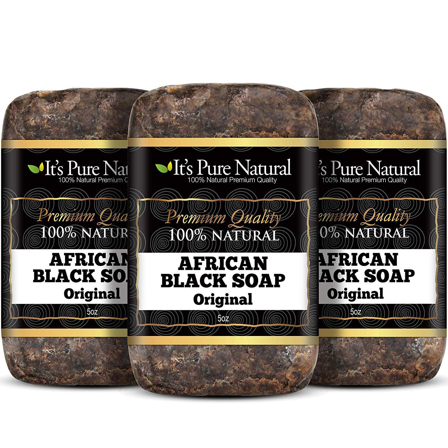 It's Pure Natural African Black Soap Bar Original 5oz (3-Pack) Infused with Coconut Oil and Shea Butter | Moisturizing and Hydrating Skincare for Face and Body | Exfoliating Cleanser