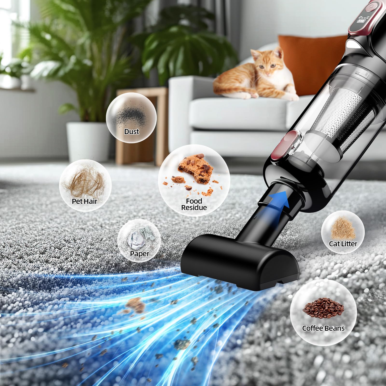MONOZEL Handheld Vacuum Cleaner, 18000Pa 2 in 1 Cordless Car Vacuum Cleaner&Air Duster, 130W Brushless Motor with 7800mAh Battery, LED Light and Multi-Nozzles, Portable for Home, Car, Office, Pet view 3