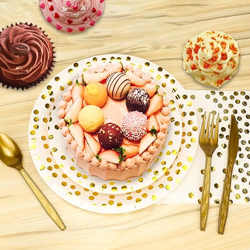 Vista 33 de Juego de vajilla desechable dorada de 176 piezas y vajilla desechable de punto dorado para fiesta, platos de papel negro, servilletas, vasos, 176