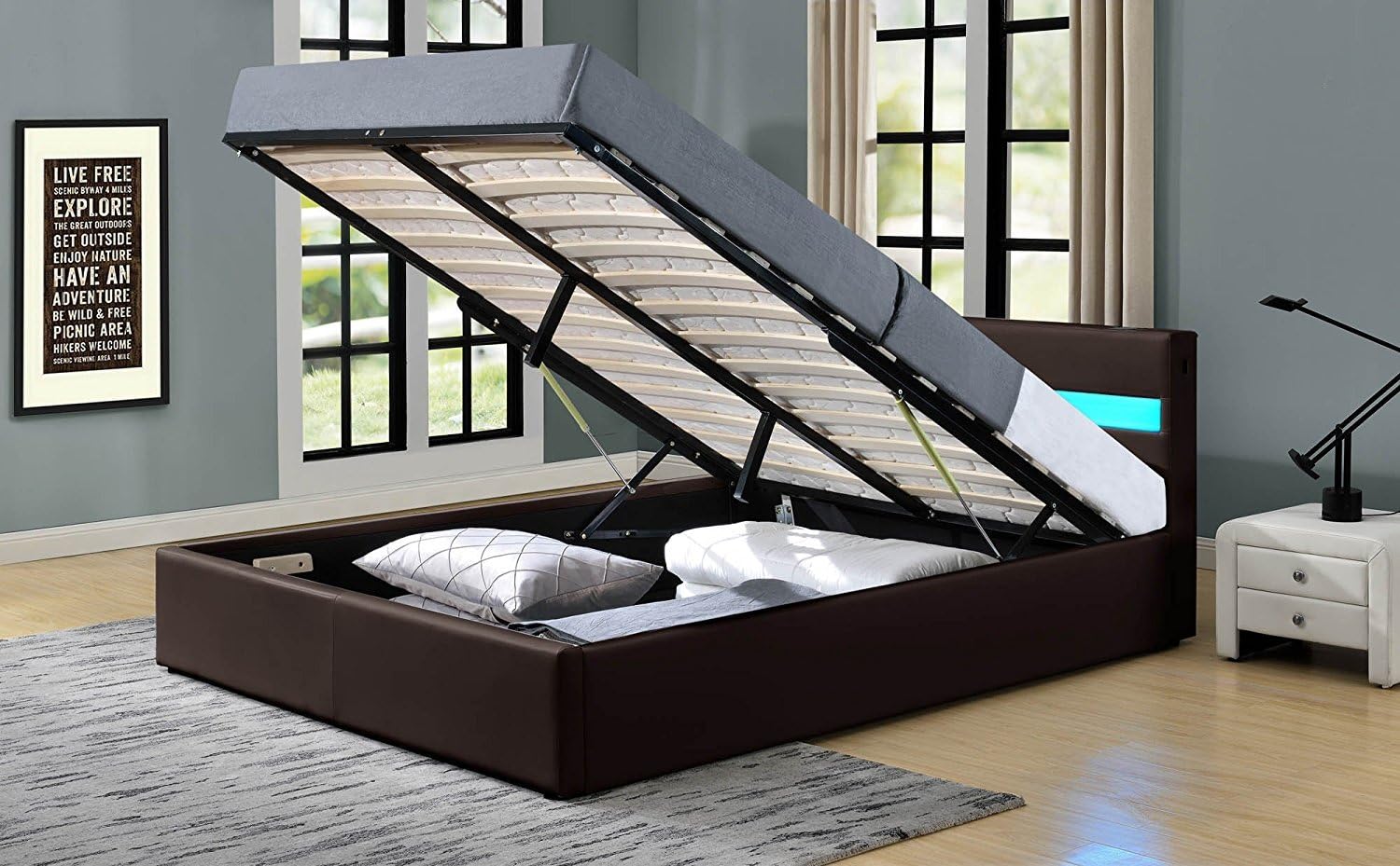 Romero LED Music Bed with Bluetooth - Speakers - Ottoman Gas Lift Storage - Faux Leather - Remote Control LEDs (King Size 5ft, Brown)