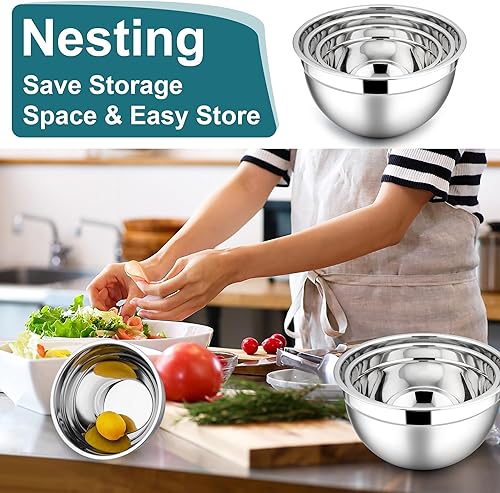 Miniatura 5 de E-far Tazones para mezclar con tapas, 6 cuencos de acero inoxidable para ensalada, cuencos de metal para hornear, cocinar y preparar, tapas