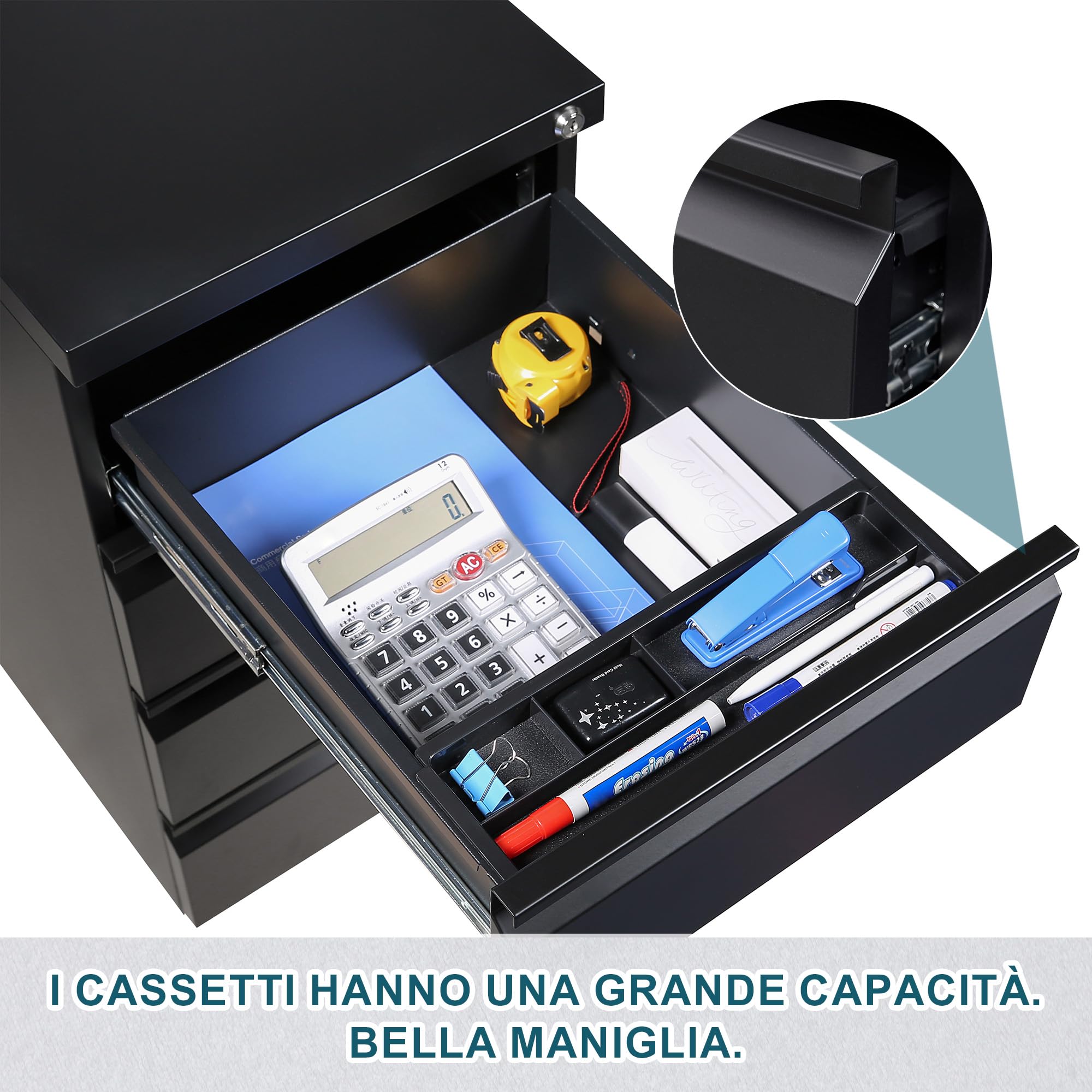 Cassettiera 4 Cassetti, Cassettiera Scrivania con Ruote, Armadietti in Metallo, Mobili Ufficio, Con 4 Chiavi e Serratura, Completamente Assemblato, Ufficio, Studio