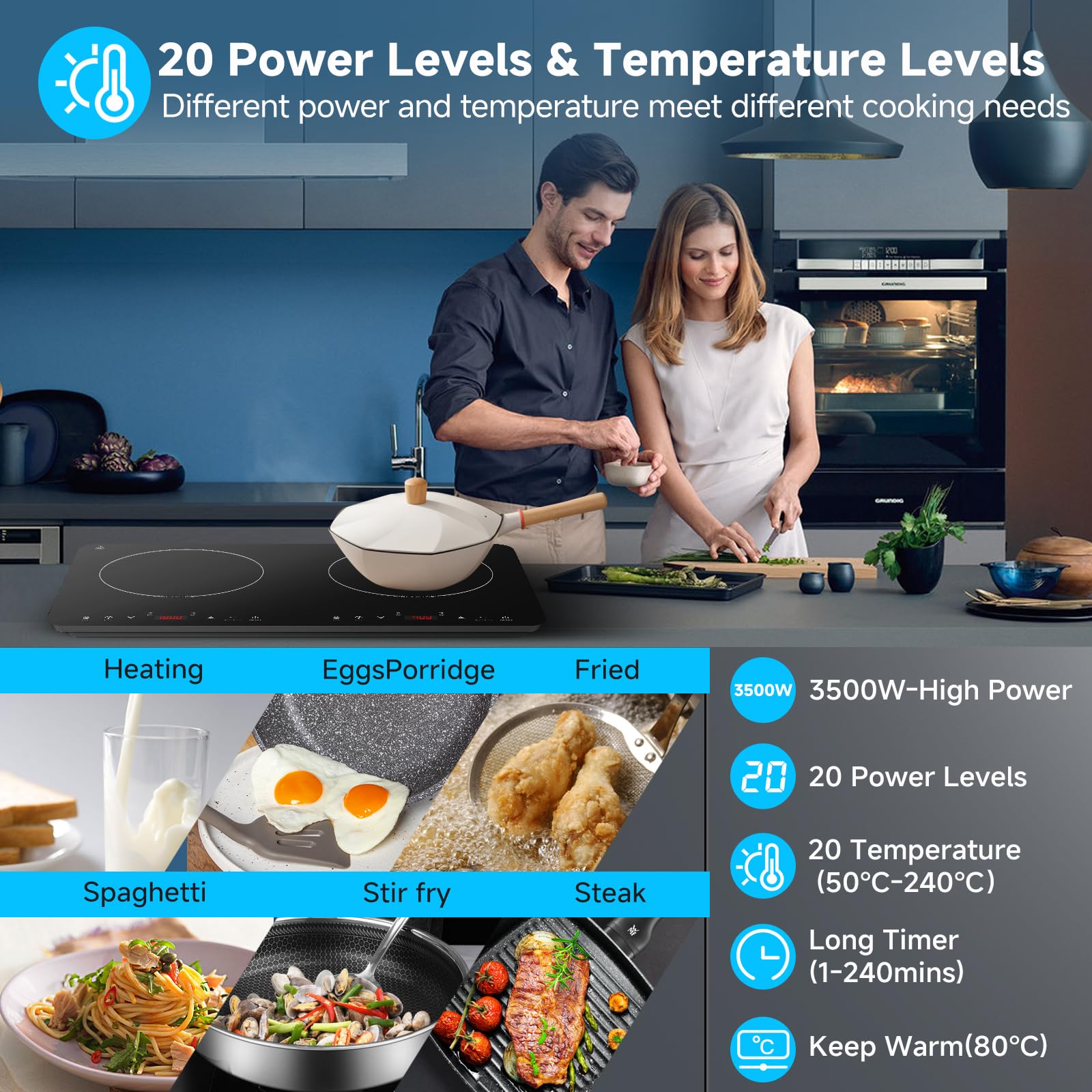 Aobosi - Placa de inducción, 2 placas con función de mantenimiento en caliente, 20 niveles de temperatura y 20 niveles de potencia, temporizador, botón Max & Min, 3500 W, control sensor táctil