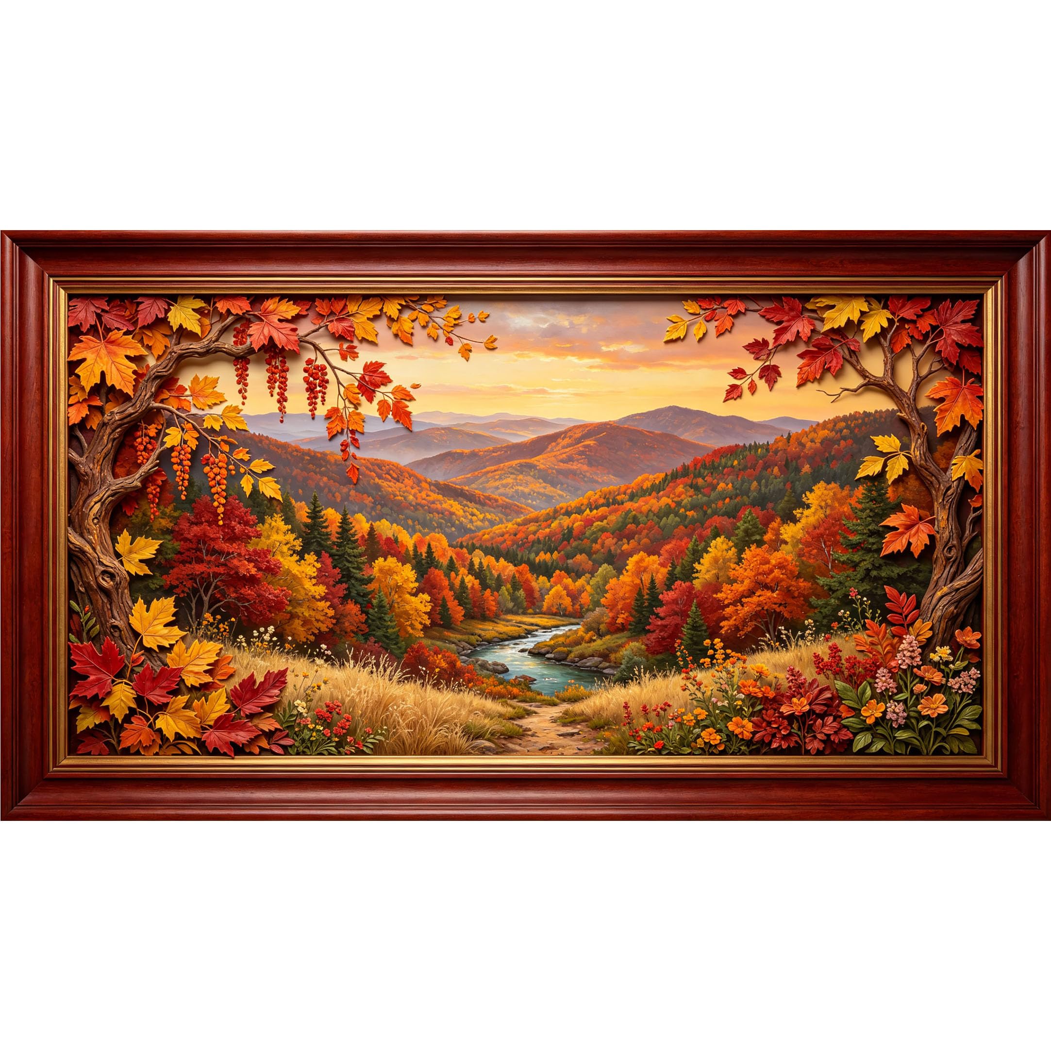 QZLITHOTIC 50x90cm3D Framed Wall Art， Autumn Mountain Landscape Forest River Sunset Self‑Adhesive Mural， Water‑Activated Peel & Stick Fabric Decor Wall Decal for Bedroom Living Room