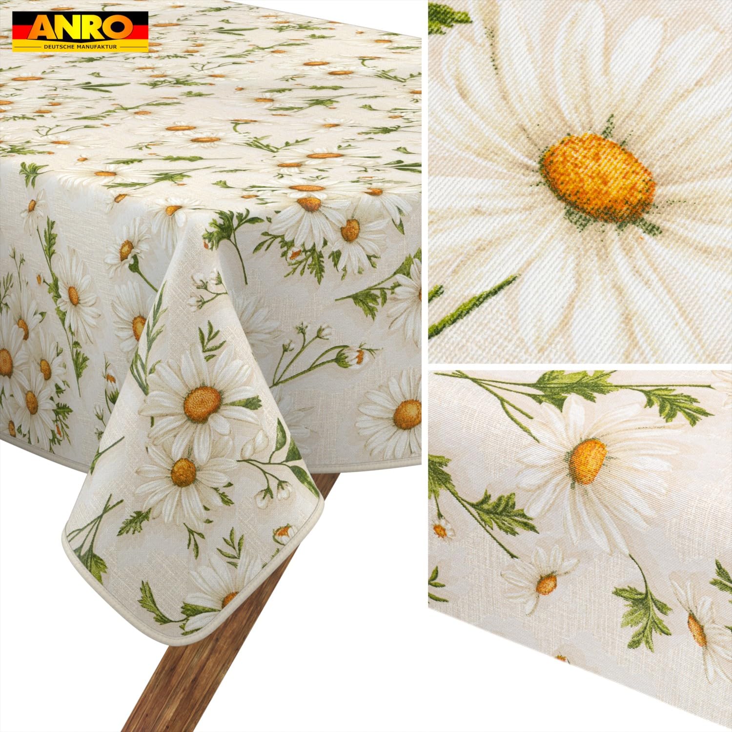 ANRO Obrus zmywalny z margaretkami, biały, prostokątny, 220 x 140 cm – odporny na działanie wody, do użytku wewnątrz i na zewnątrz, z efektem lotosu, z obszyciem