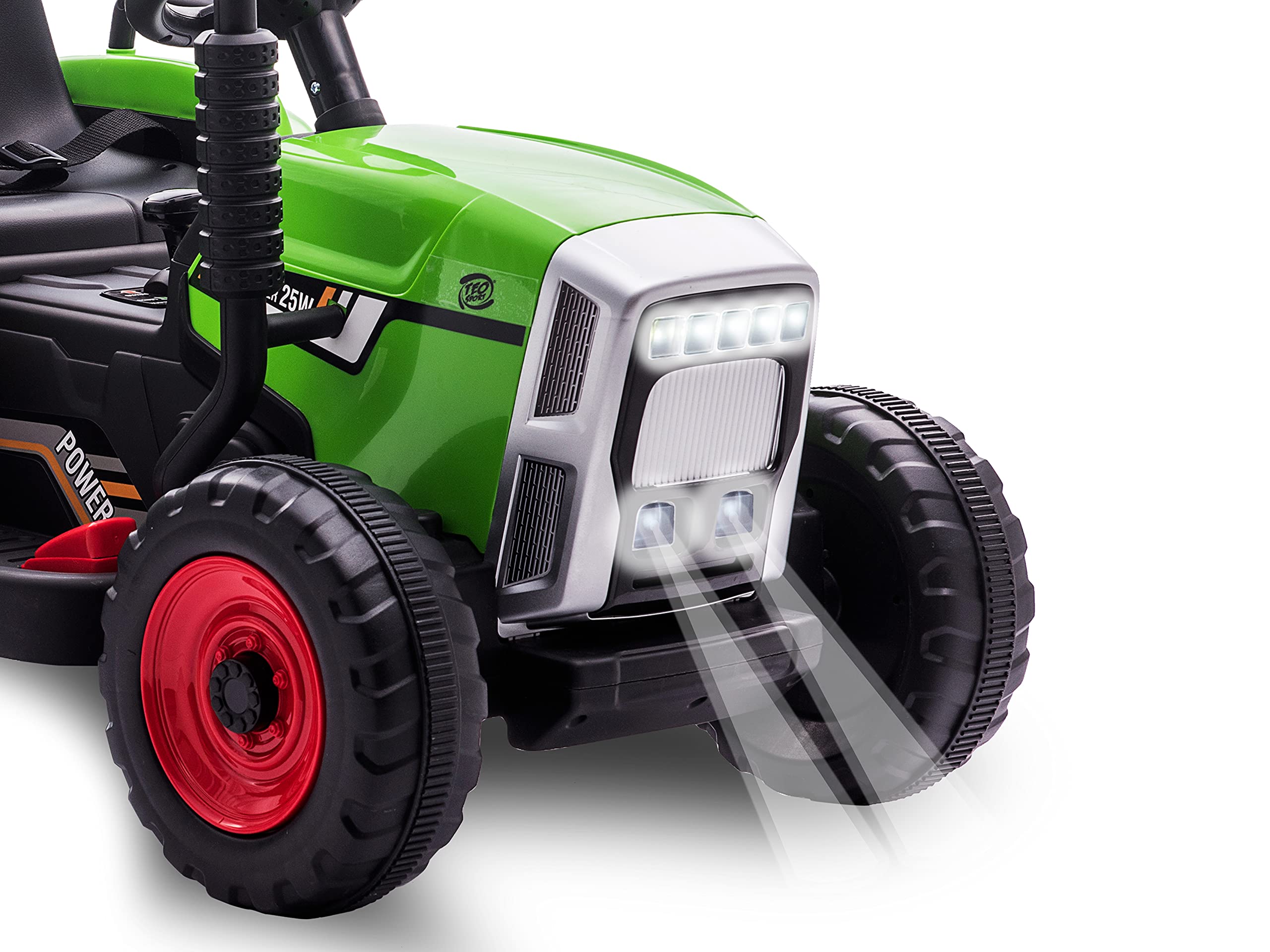 Teorema Giocattoli Teorema 66692 elektryczny traktor, 12 V, do siedzenia, dla dzieci, ze światłem, dźwiękiem, przyczepą, odtwarzaczem MP3, wejściem AUX, USB i pilotem zdalnego sterowania