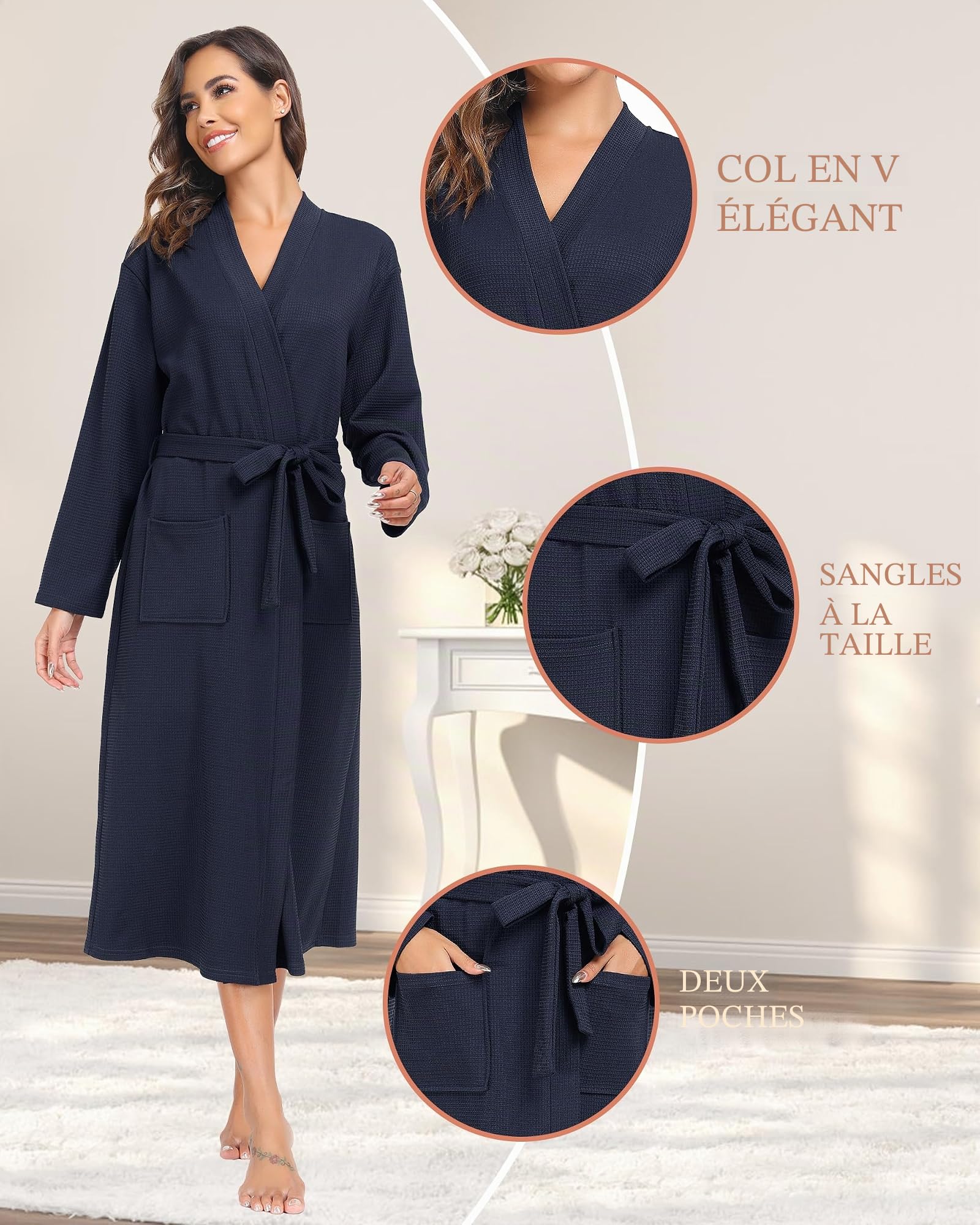 Sopesil Peignoir en Coton Pour Femme,Kimono Femme Nuit avec Col en V Longues Manches Robe de Nuit Femme avec Poches,S-XXL