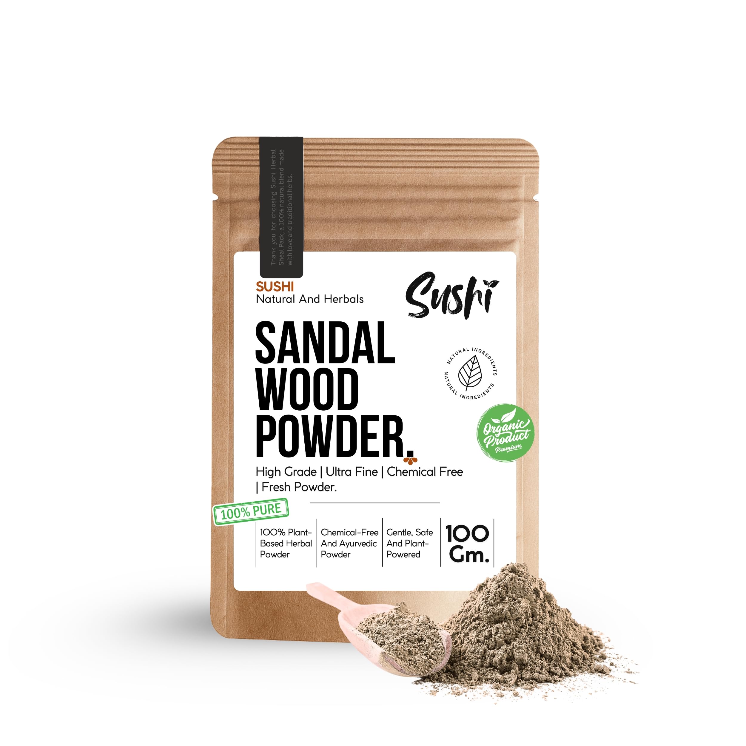 Sushi Sandalwood Powder Organic & Pure | For Face Pack, Skin, & Pooja | Natural Herbal Chandan Powder | Pack of 1 | 100 gm