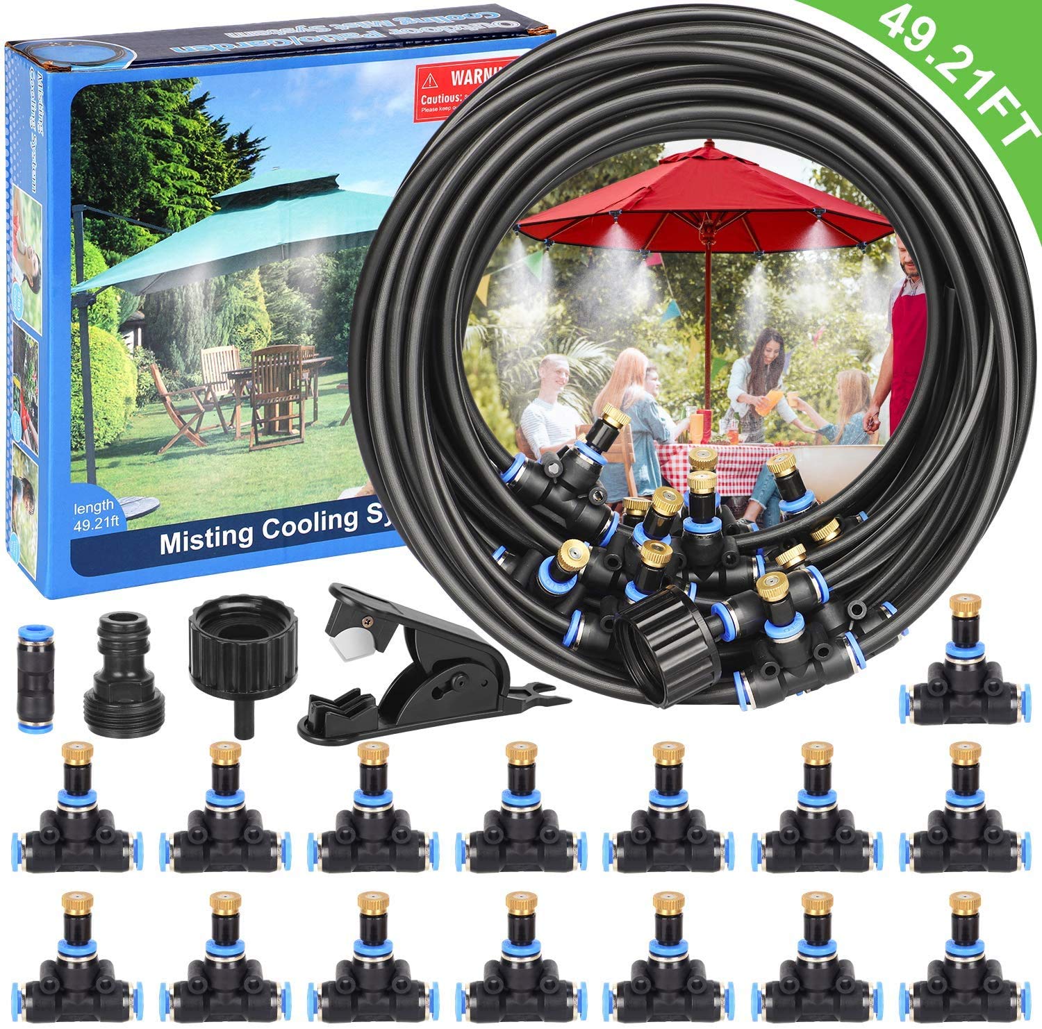 Misting Cooling System 42.65 FT Misting Line + 13 Brass Mist Nozzles + a Brass Adapter(3/4") Outdoor Mister for Patio Garden Greenhouse Trampoline for waterpark
