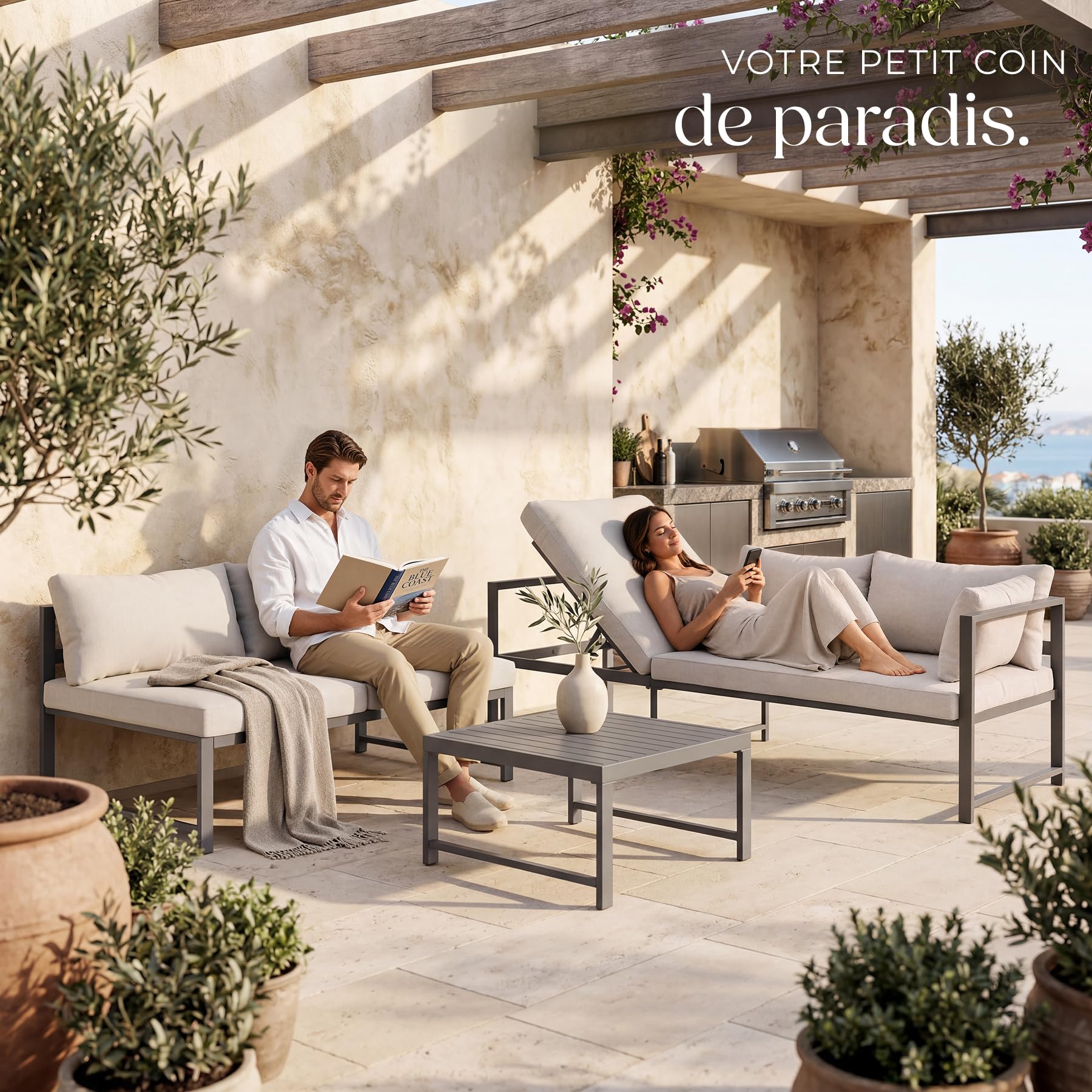 tectake® Ensemble Salon de Jardin Exterieur 5 Personnes en Aluminium 1 Canapé 2 Places 1 Canapé 3 Places & 1 Table de Jardin, Coussins Inclus, Mobilier Amenagement Balcon Terrasse Veranda