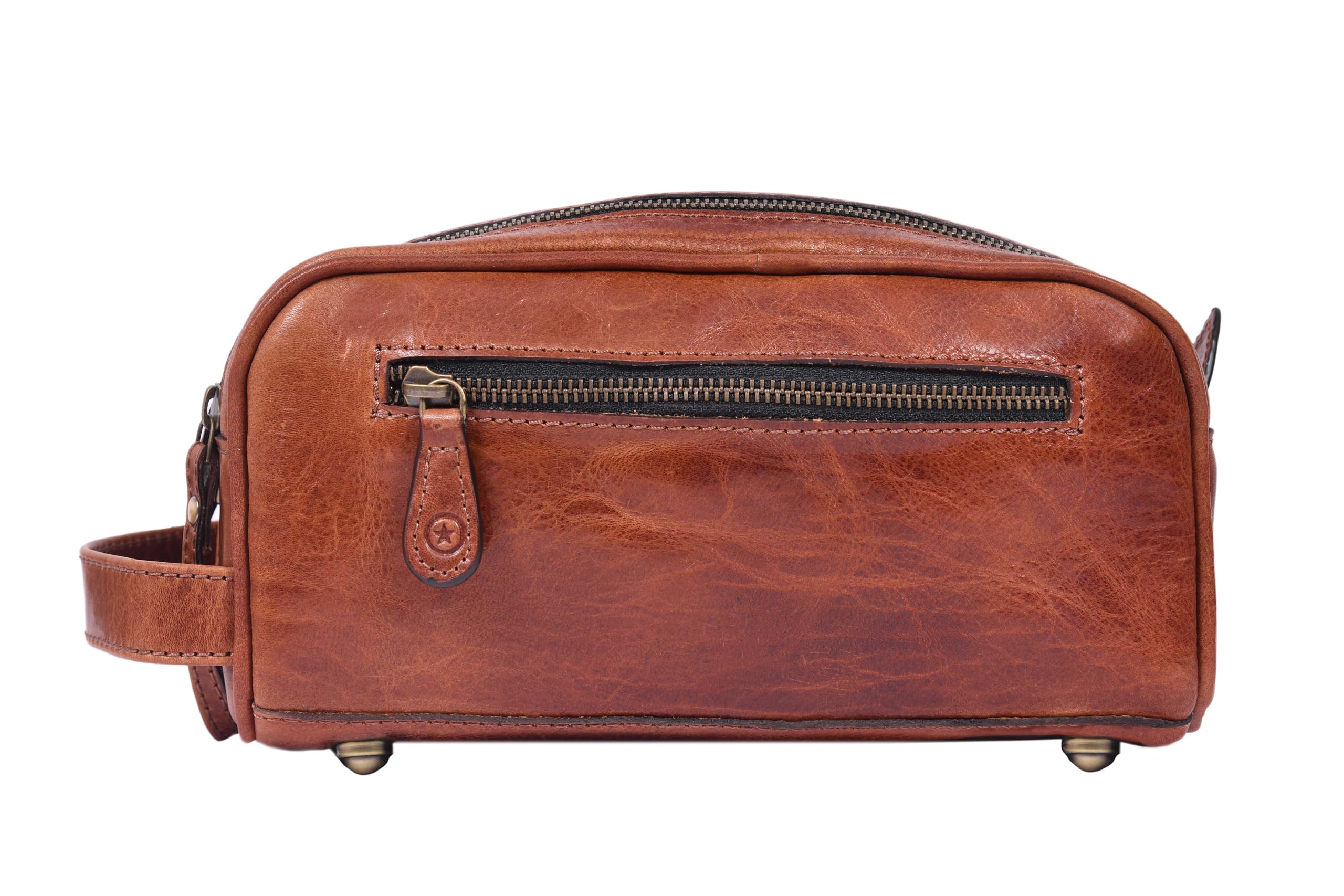 Aaron Leather Goods - Beauty case in pelle da uomo, kit da viaggio per toelettatura, con fodera impermeabile