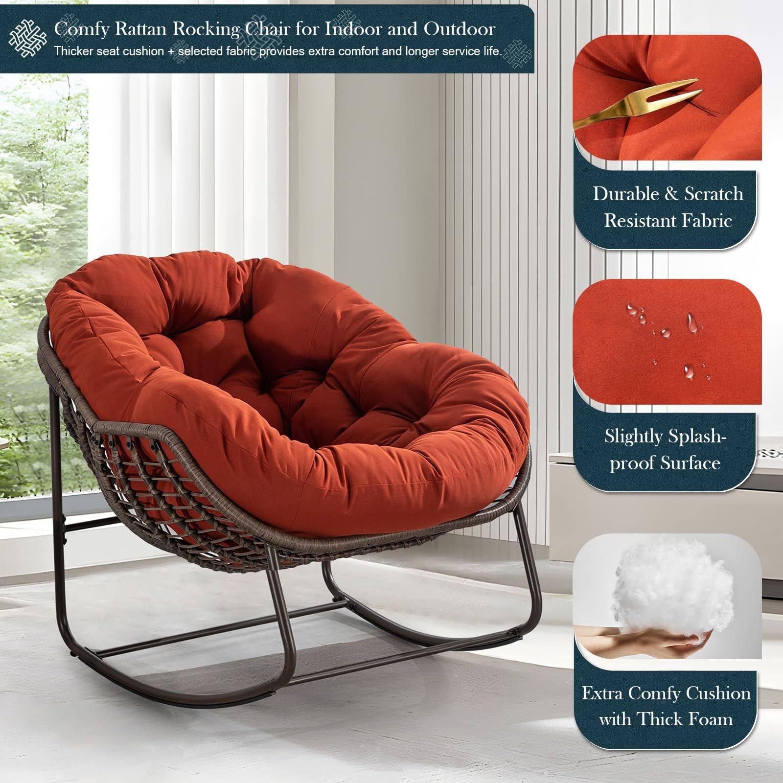 Sedia a dondolo da veranda per uso interno ed esterno - Reclinabile in rattan a 30° con cuscino imbottito,Carico massimo 250 libbre (117 kg) - Ideale per patio,giardino e soggiorno,Orange