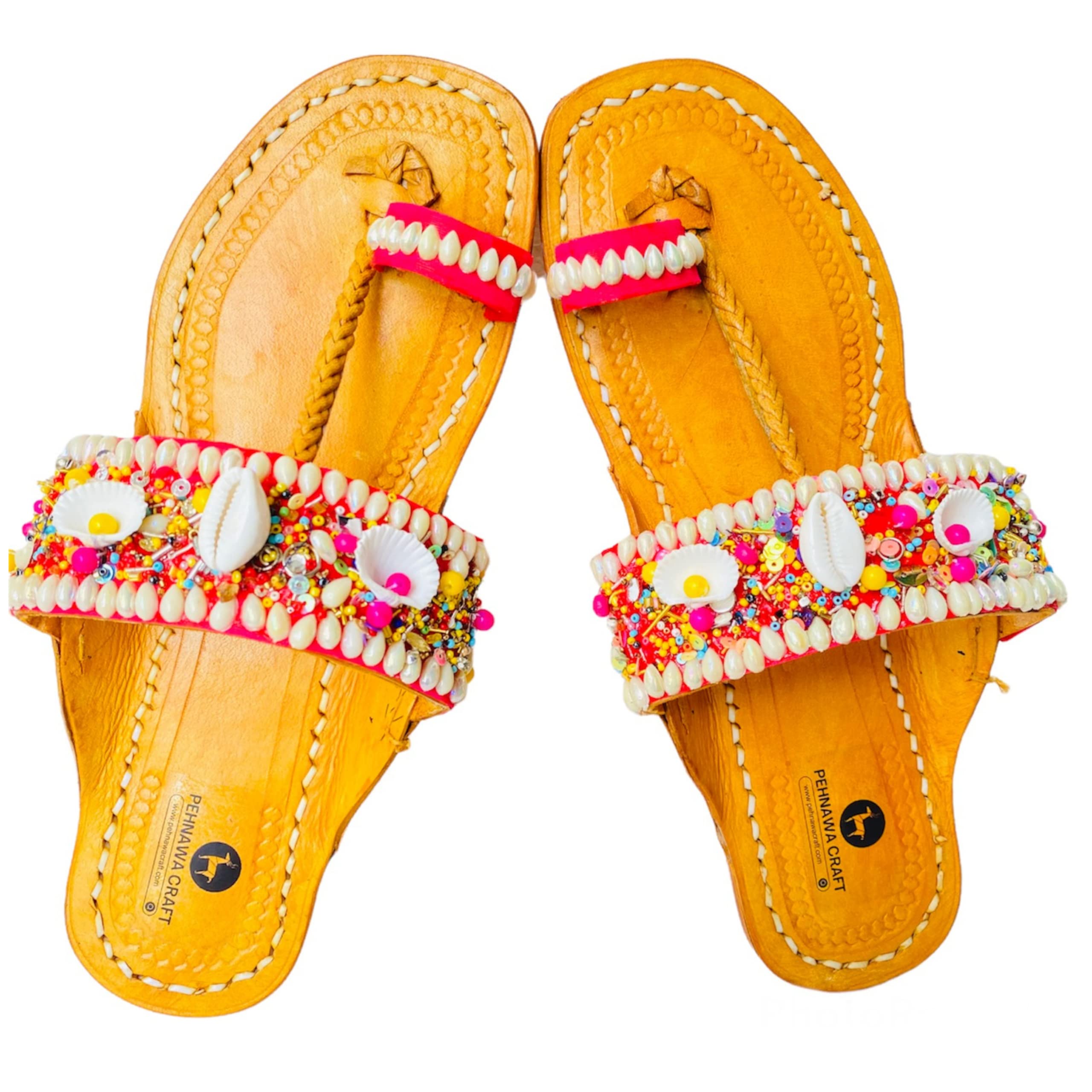 Sea shell Boho Original Kolhapuri ethnic flats for Women | Leather fancy kollapur chappal | Stylish ladies Bohemian sandal | Traditional kolapuri footwear | colapuri for girls | Pink color | Best Kolhapuri-image-37